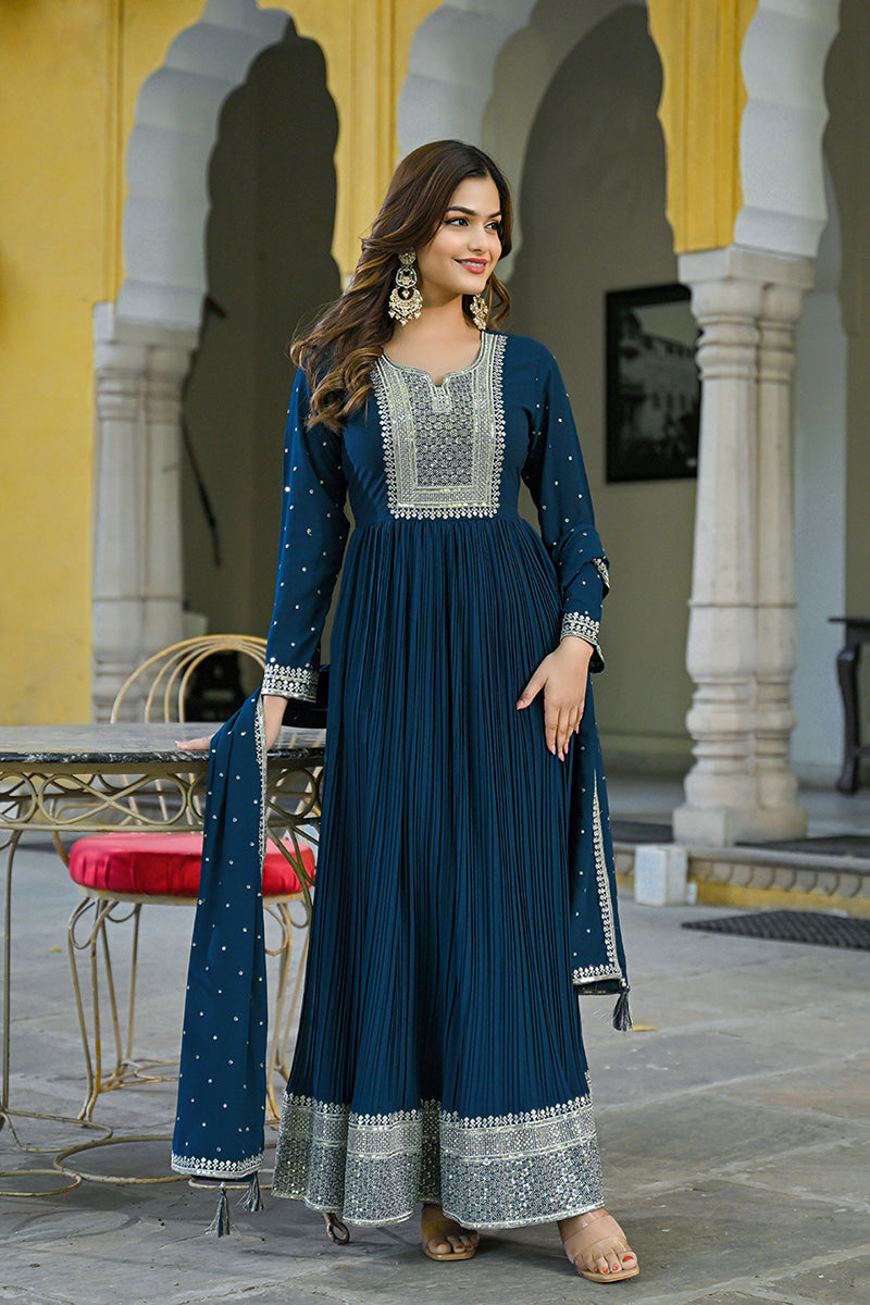 Ahika Teal Blue Georgette Solid Yoke Design Anarkali Kurta Dupatta Set VKSET1473 - view 5