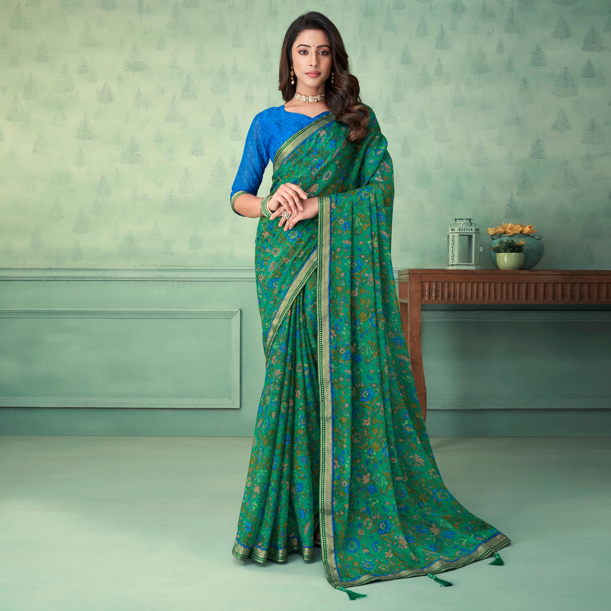 Green sarees – BlackTree green-floral-printed-chifon-saree-with-lace-border