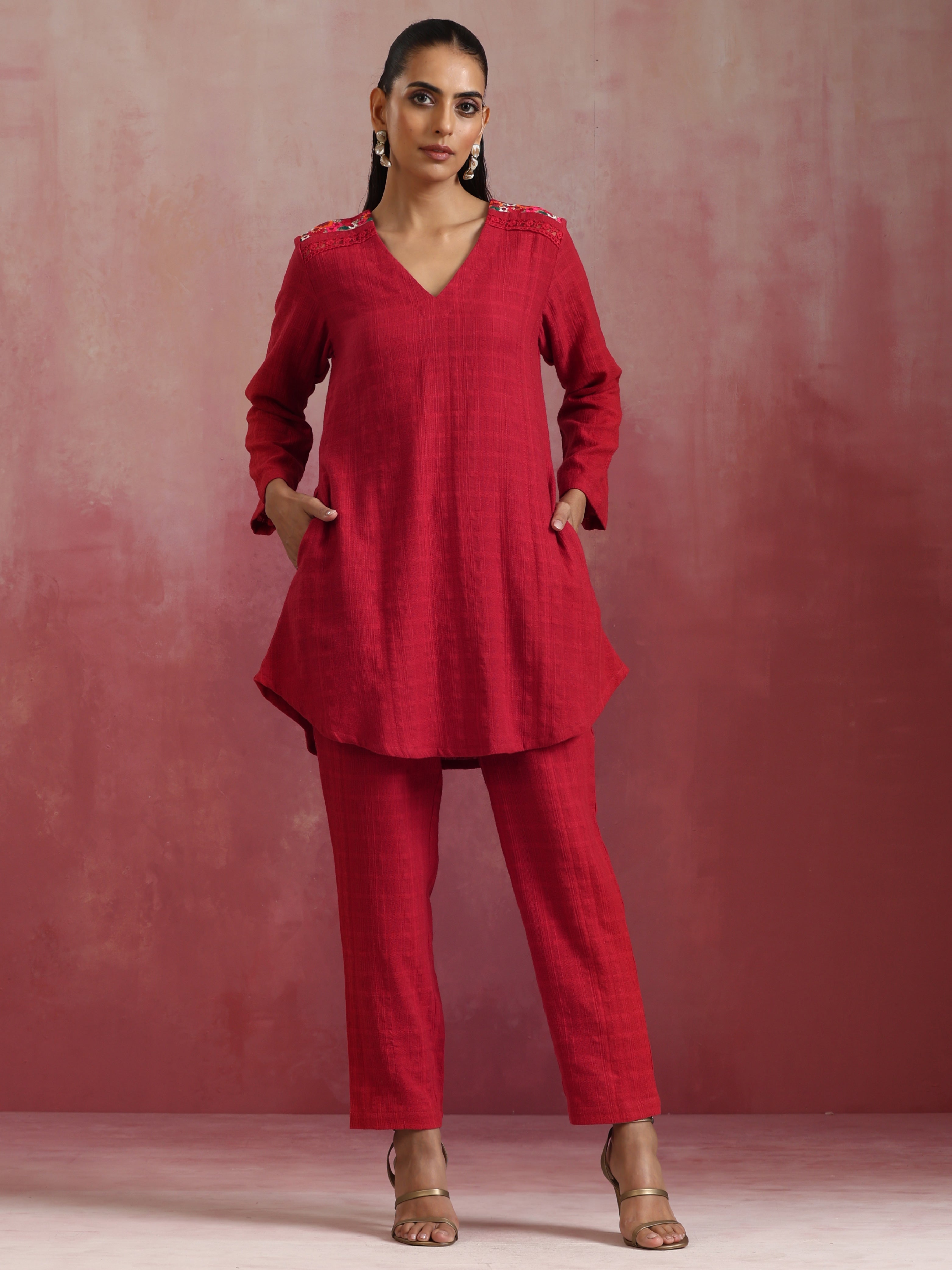 trueBrowns Red Cotton Dobby Co-ord set