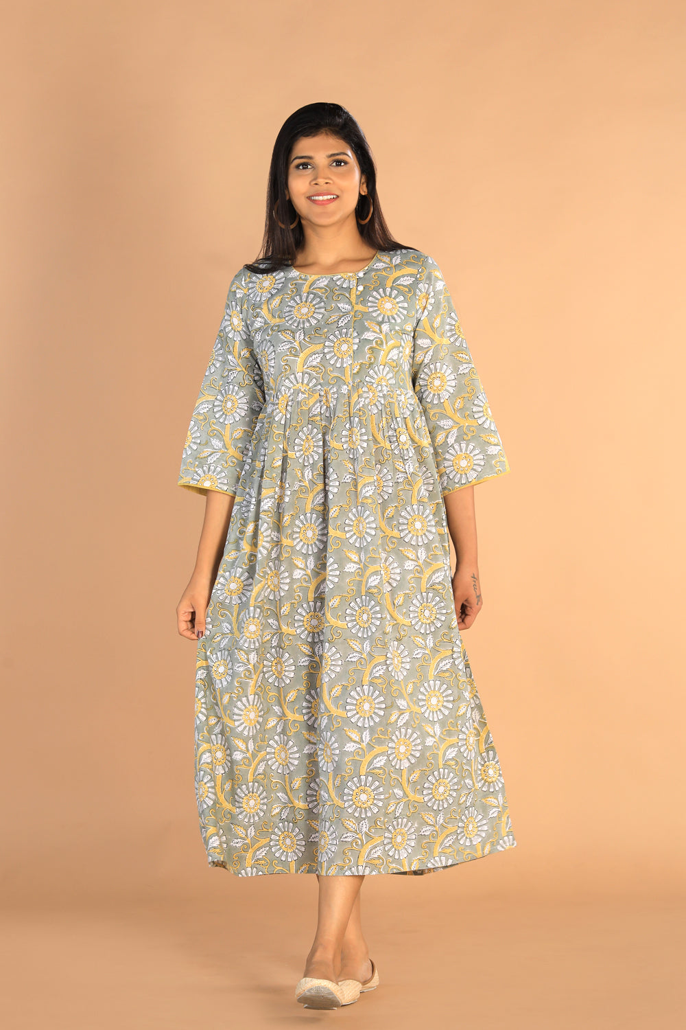 Kalanjali Ethnics Floral Sanganeri hand block printed cotton dress - view 3