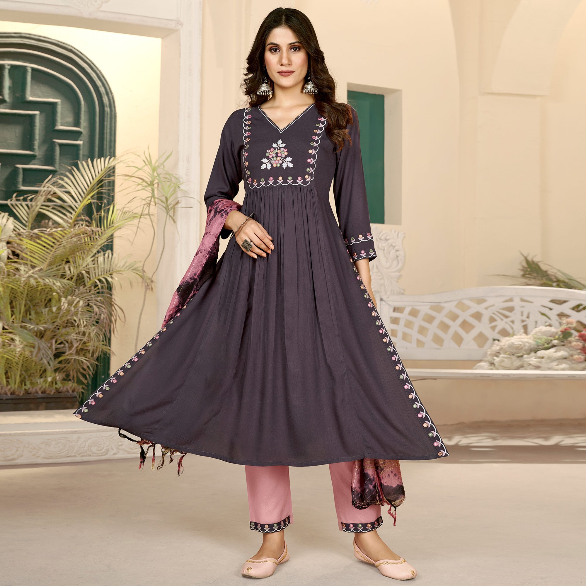 Peachmode Seller Brown Embroidered Rayon Suit - view 2
