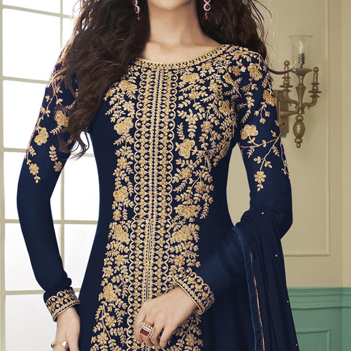 Peachmode Majesty Navy Blue Colored Partywear Embroidered Georgette Anarkali Suit - view 3