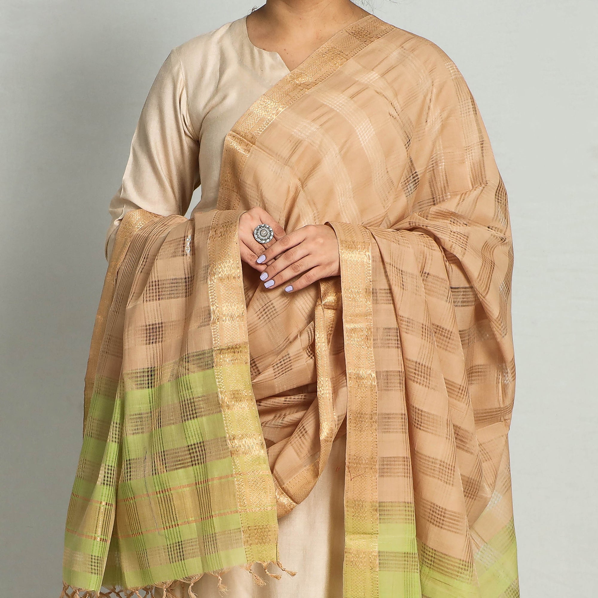 SOUTH KARGHA Brown - Original Mangalagiri Handloom Cotton Dupatta with Zari Border - view 3
