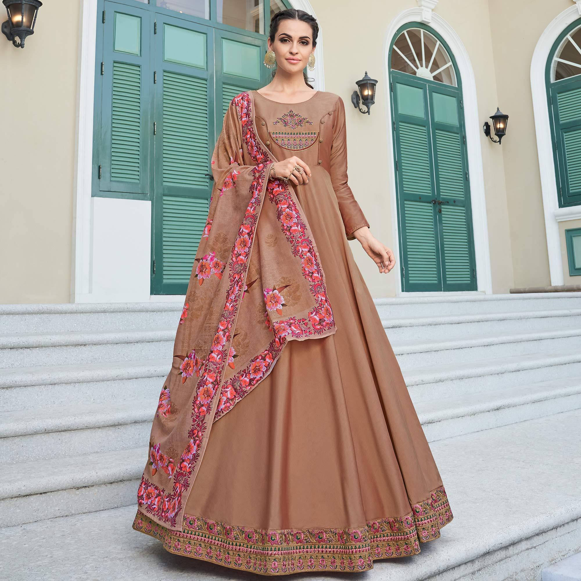 Peachmode Seller Flattering Brown Colored Partywear Embroidered Silk Anarkali Suit
