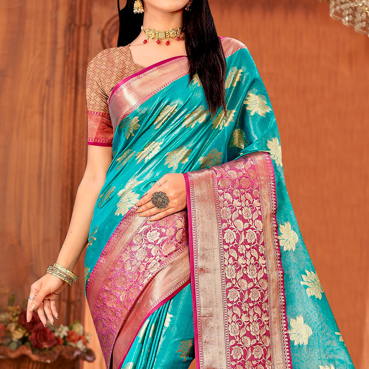 Peachmode Firozi Woven Art Silk Saree With Tassels - view 2