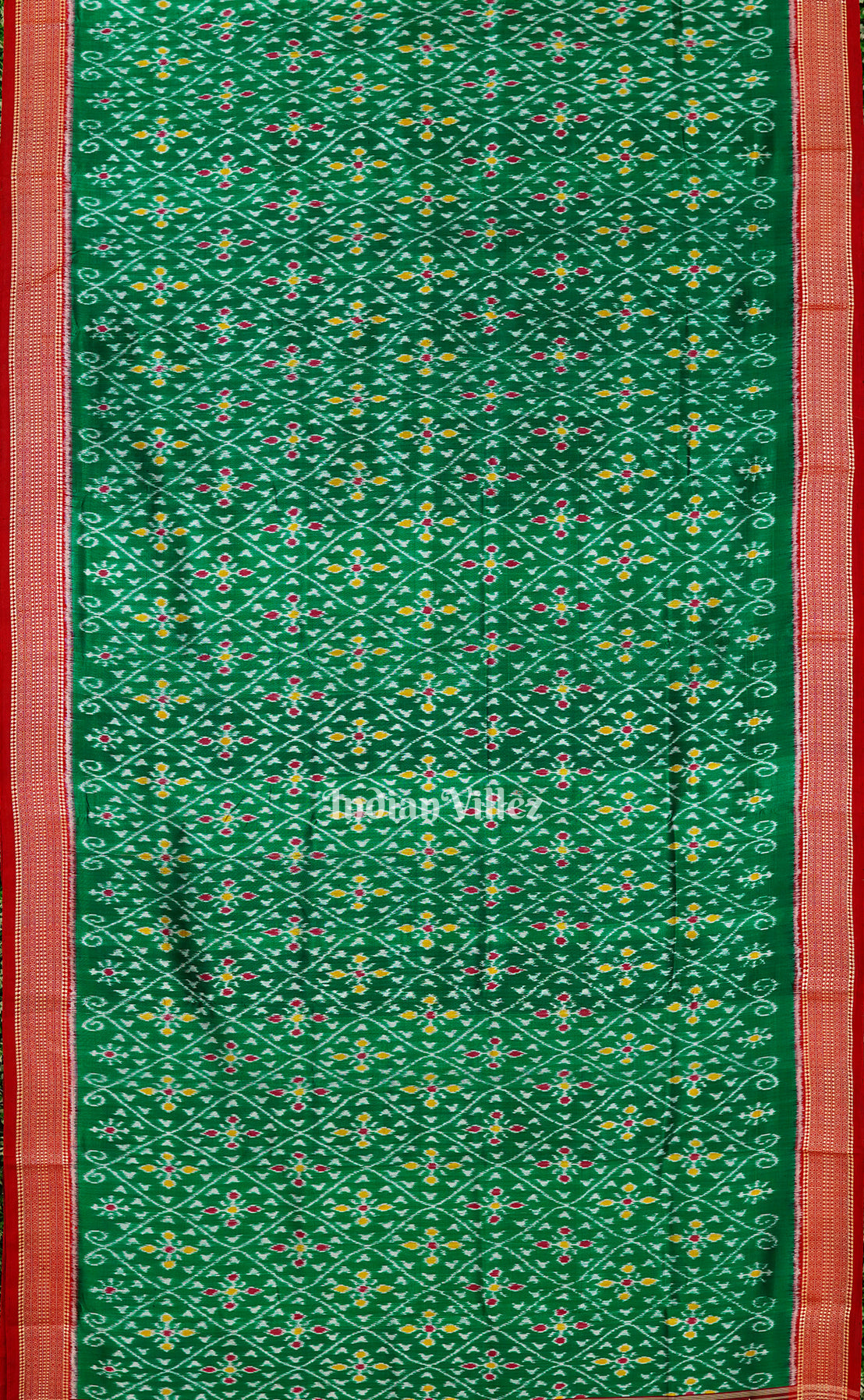 IndianVillèz Dark Green Flower Motif Odisha Ikat Khandua Silk Saree - view 2