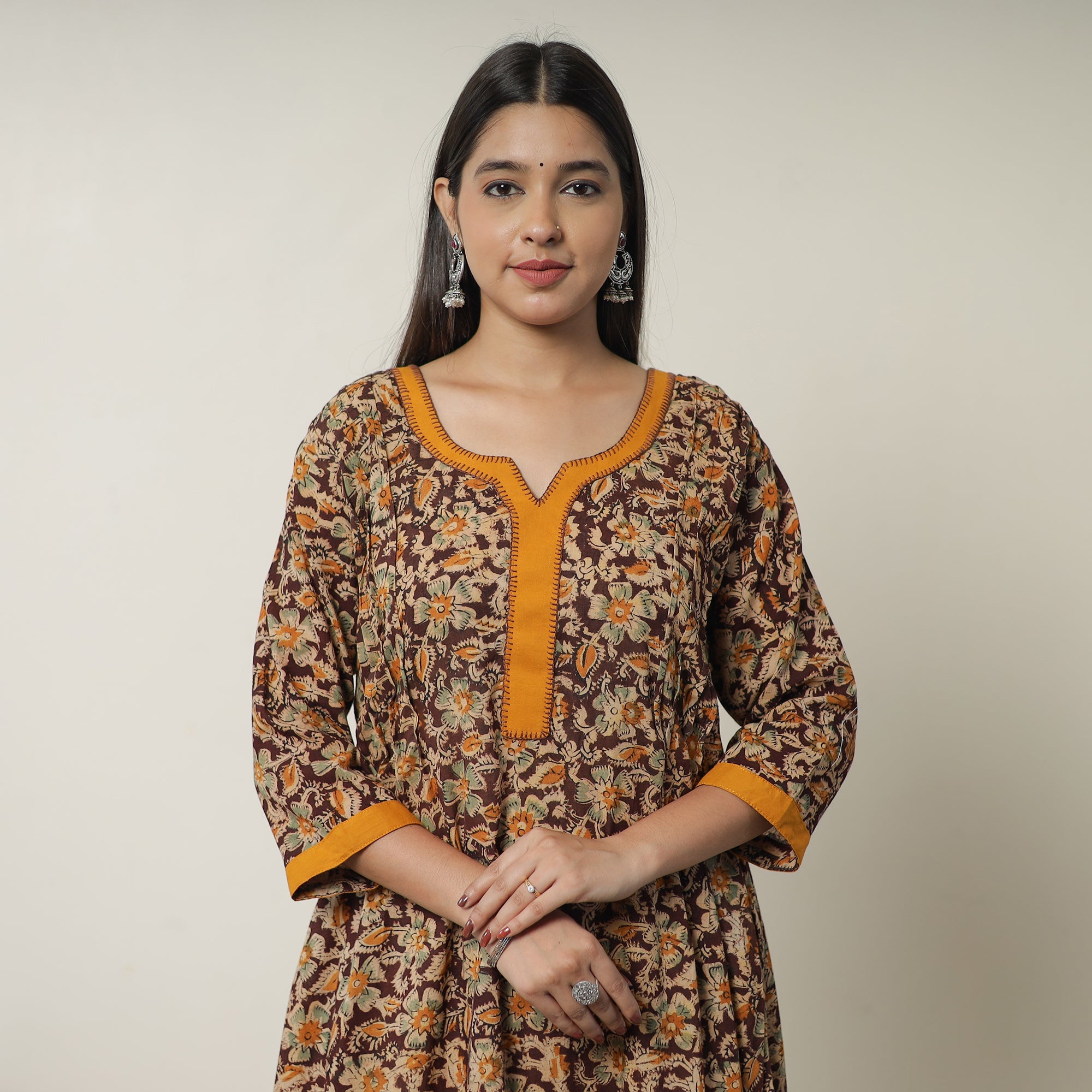 ITOKRI CASUALS Brown - Pedana Kalamkari Block Printed Cotton A-Line Kurta with Tagai Work 14