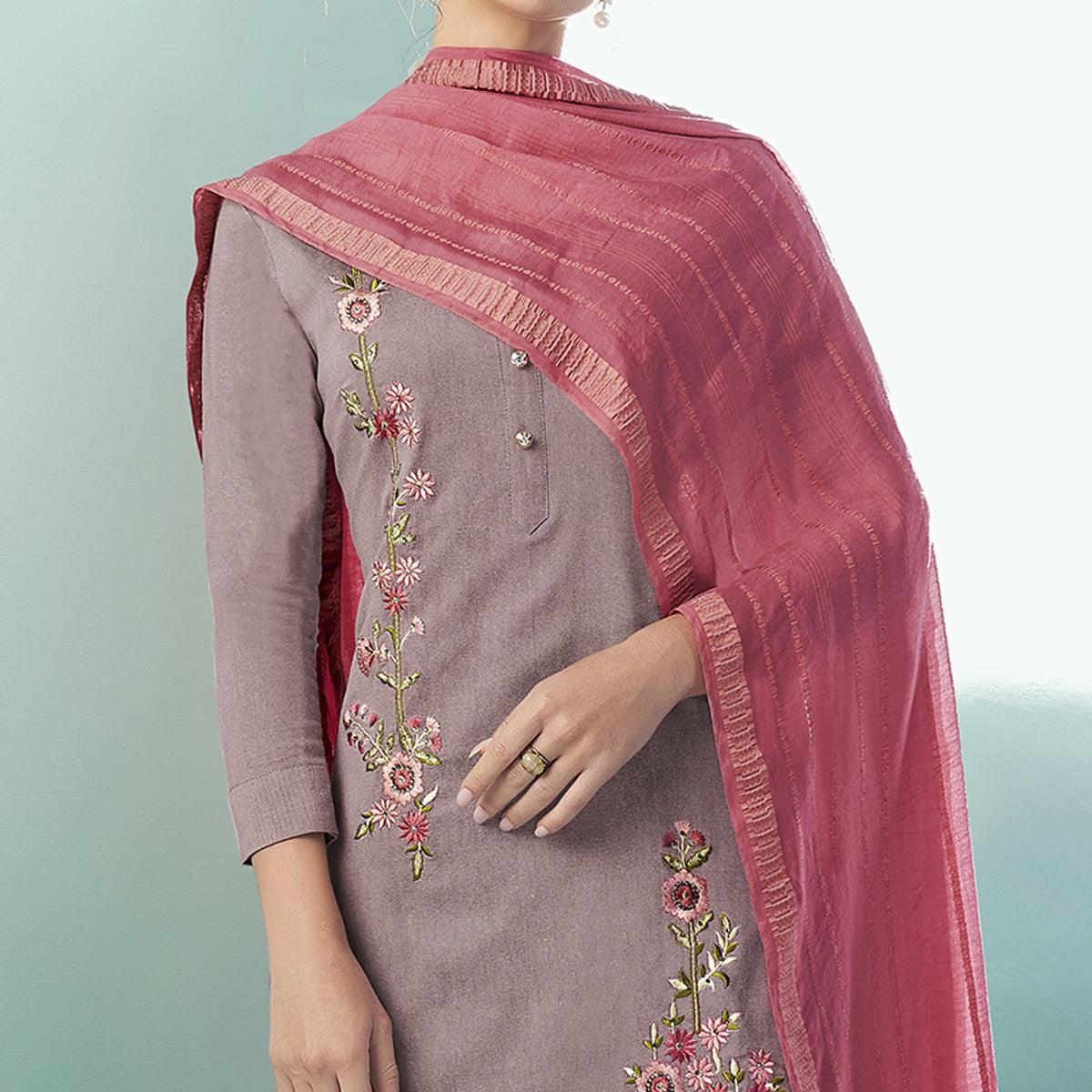 Peachmode Seller Mauve Casual Wear Embroidered Cotton Suit - view 2