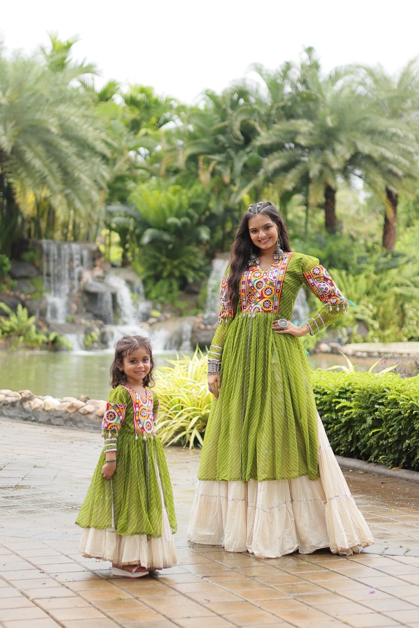 ClothsVilla Green Elegant Lehenga and Kurti Combo for Adults & Kids - Full-Stitched Set