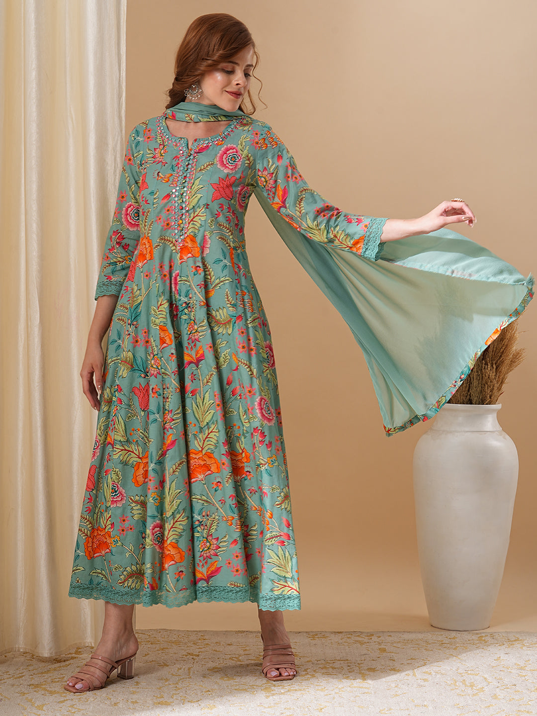 Fashor Floral Printed & Embroidered Anarkali Kurta with Pant and Dupatta - Green - view 3
