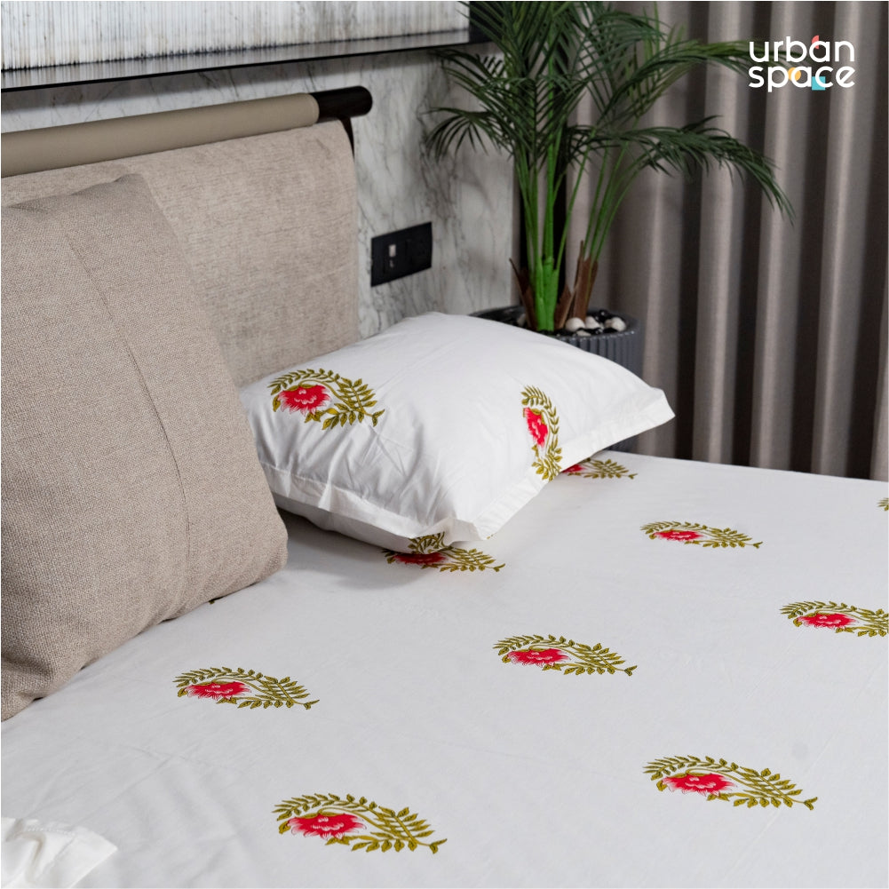 Urban Space -Home Furnishing Store Regal Collection - Breathable 200 TC 100% Pure Cotton Single Bedsheet with Pillow Cover, Ethnic Motif- Pink