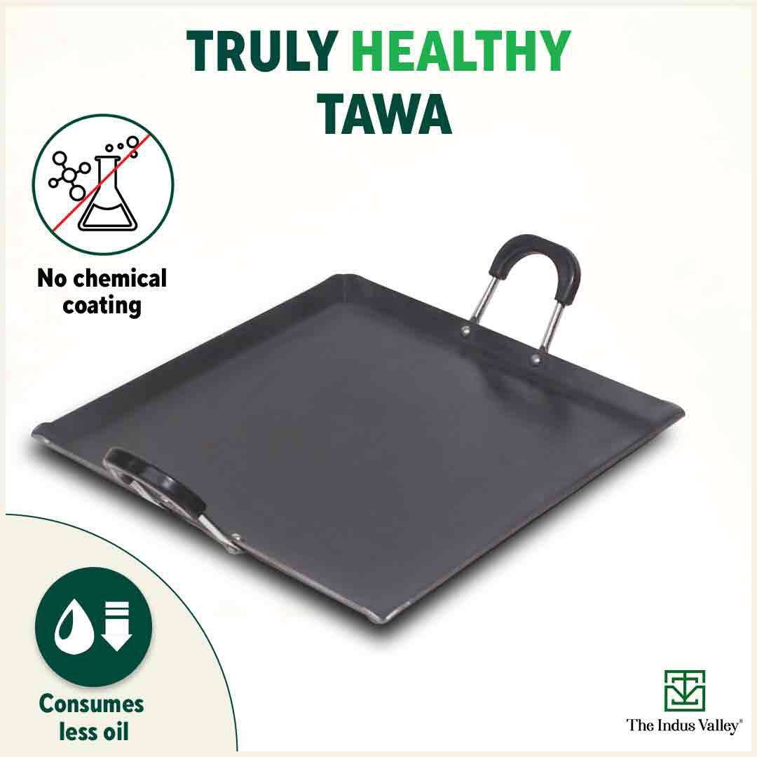 The Indus Valley 100% Pure Sheet Iron Tawa, Square, Cool Bakelite Handle, Seasoned, Toxin-free, Induction, 29.5cm, 1.88kg - view 4