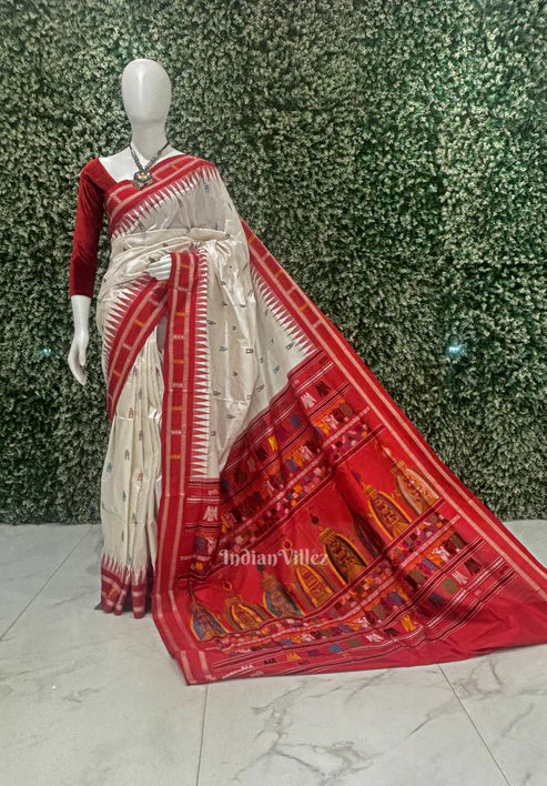 IndianVillèz White Red Shree Mandir Theme Sambalpuri Ikat Silk Saree