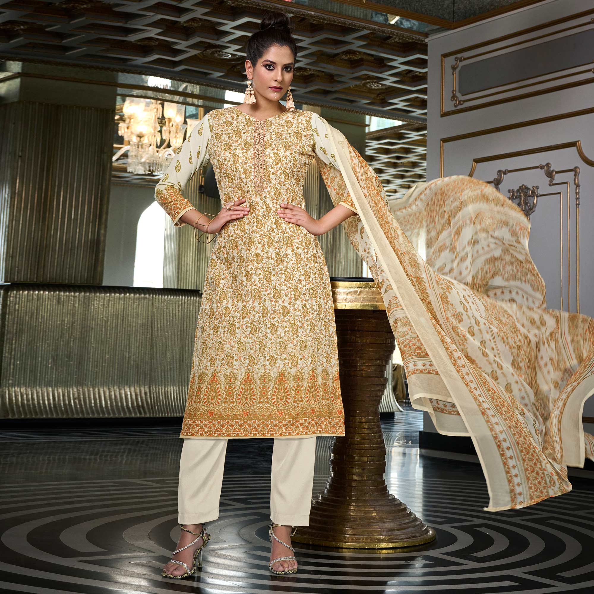 Peachmode Cream Printed With Embroidered Pure Cotton Salwar Suit - view 2