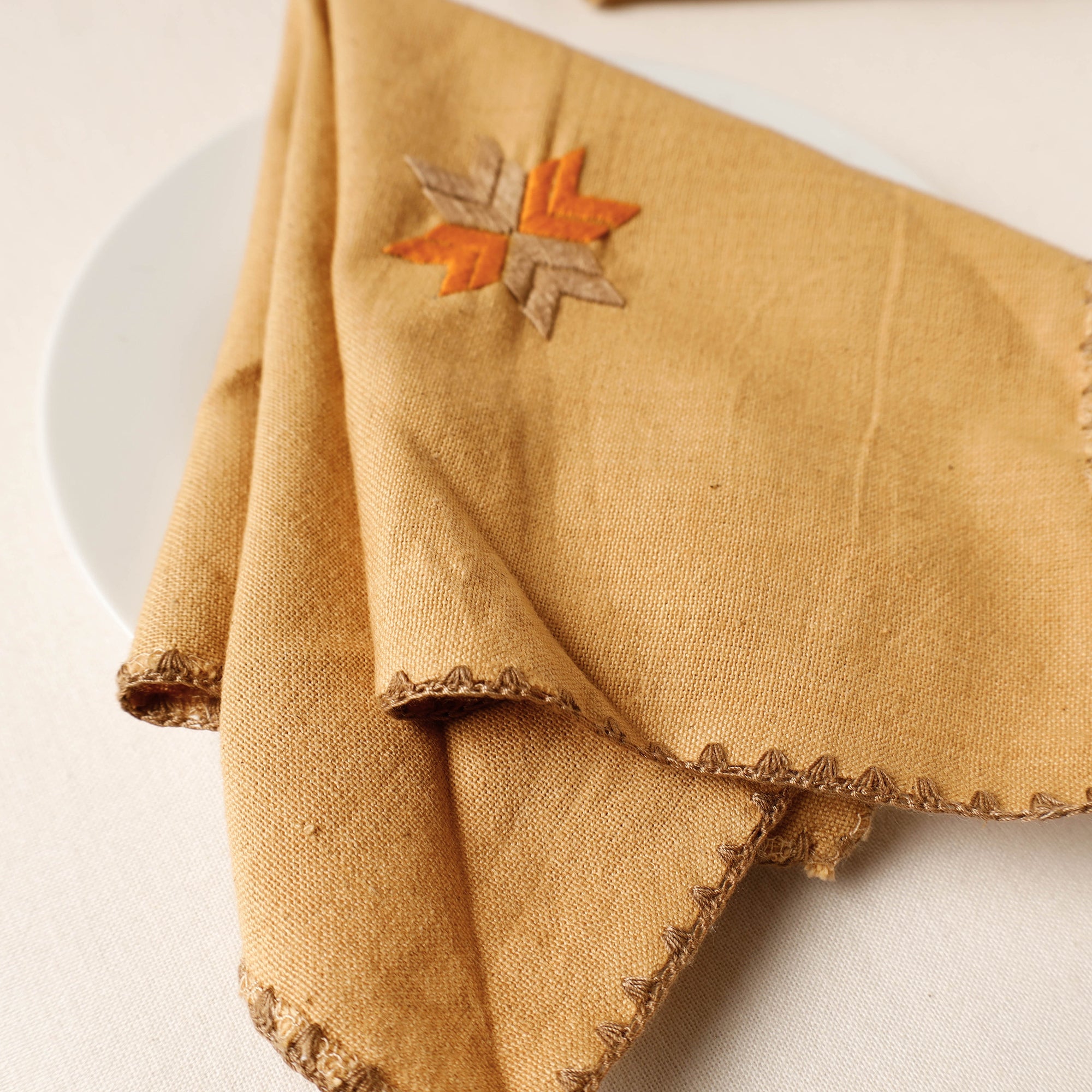 PATIALA HANDICRAFTS Brown - Phulkari Embroidery Reversible Plain Handloom Cotton Napkin (14 x 14 in) - view 2