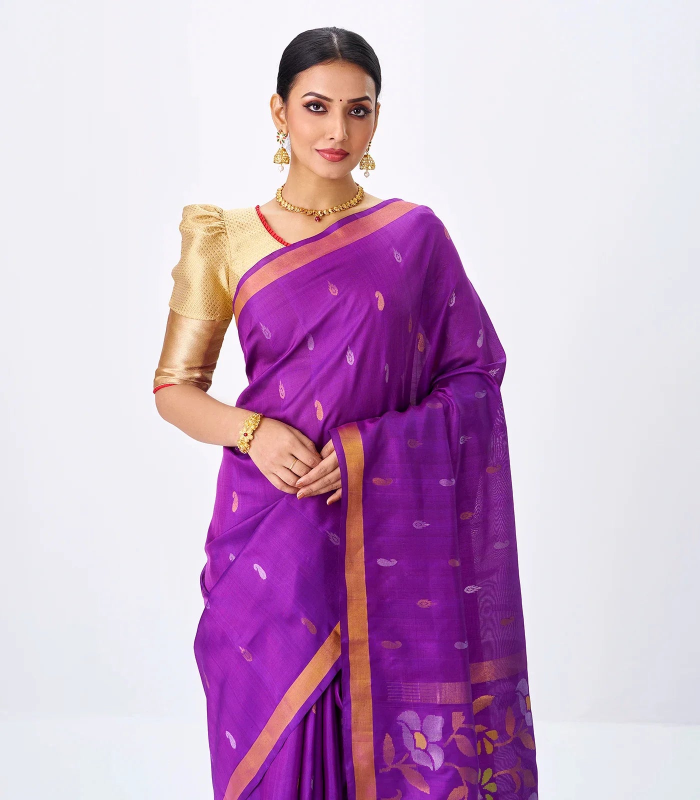 RmKV Purple Handloom Uppada Silk Saree With Zari Buttas - view 2