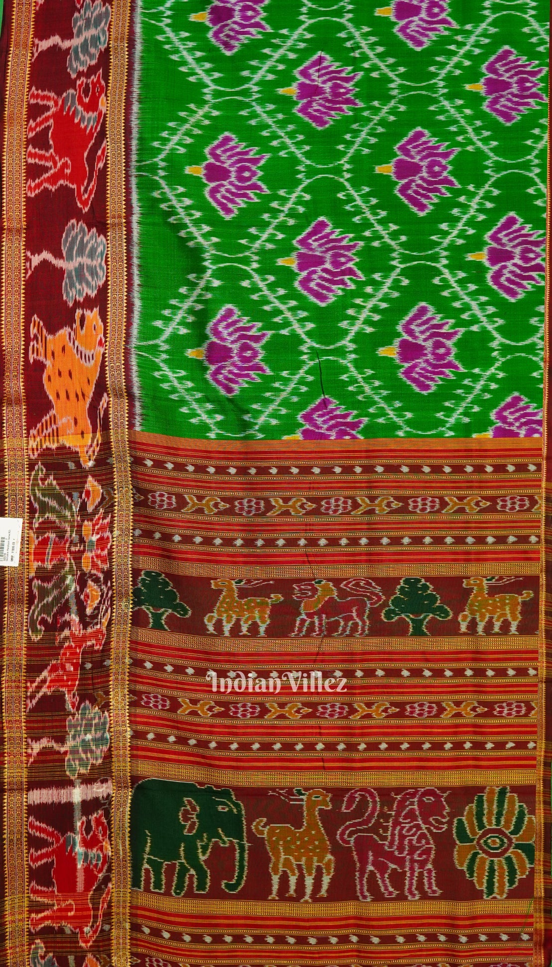 IndianVillèz Green Lotus Design with Animal Border Khandua Silk Saree - view 2