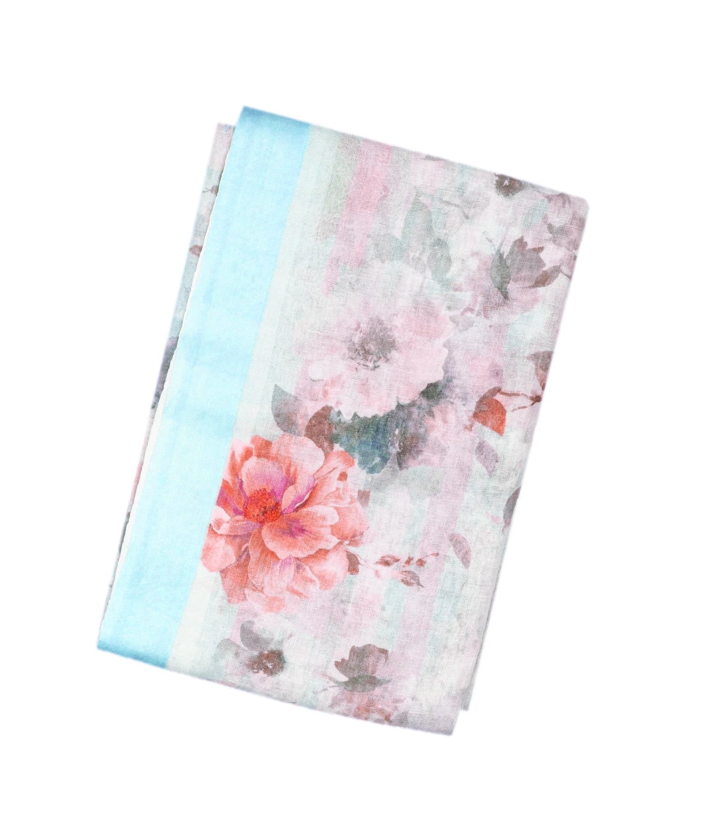 RmKV Sky Blue Handloom Linen Saree With Printed Flowers