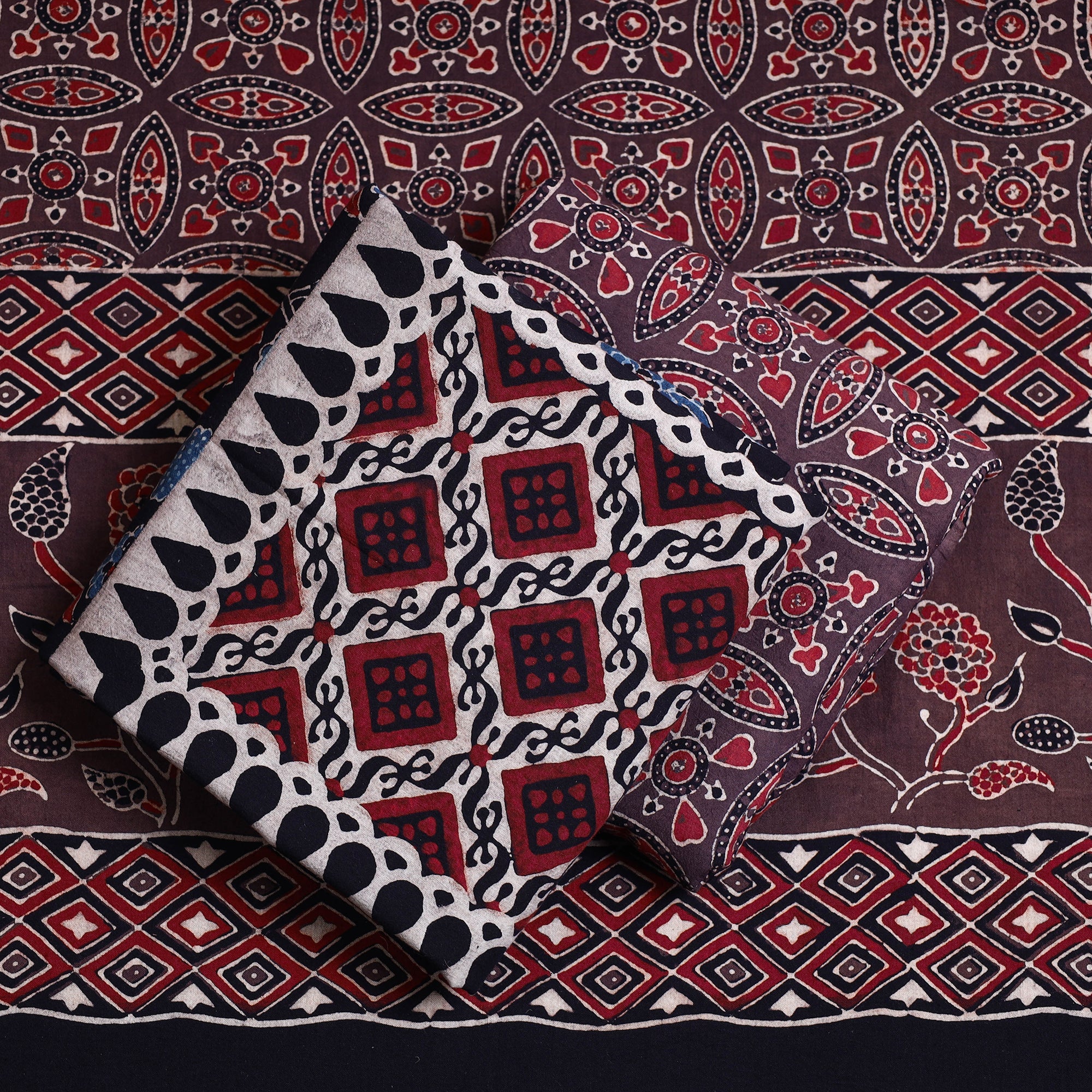 AJRAKH BY JABBAR KHATRI Black - 3pc Ajrakh Block Printed Cotton Suit Material Set - view 2