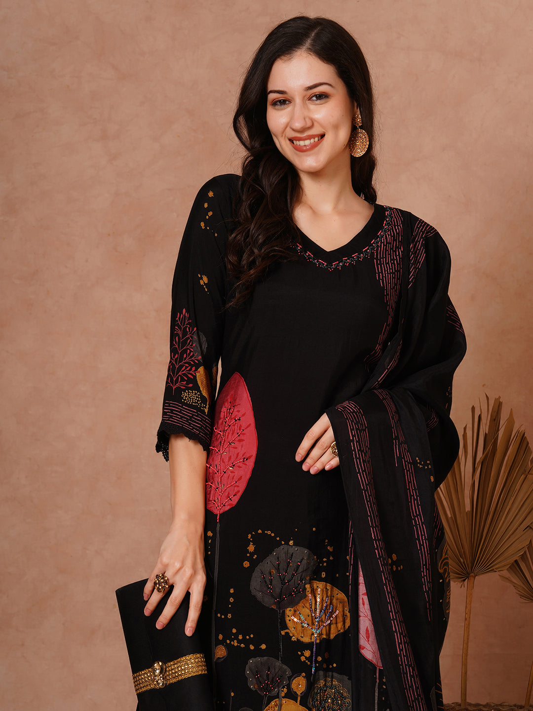 FASHOR Abstract Floral Printed & Hand Embroidered Straight Fit Kurta with Pant and Dupatta - Black