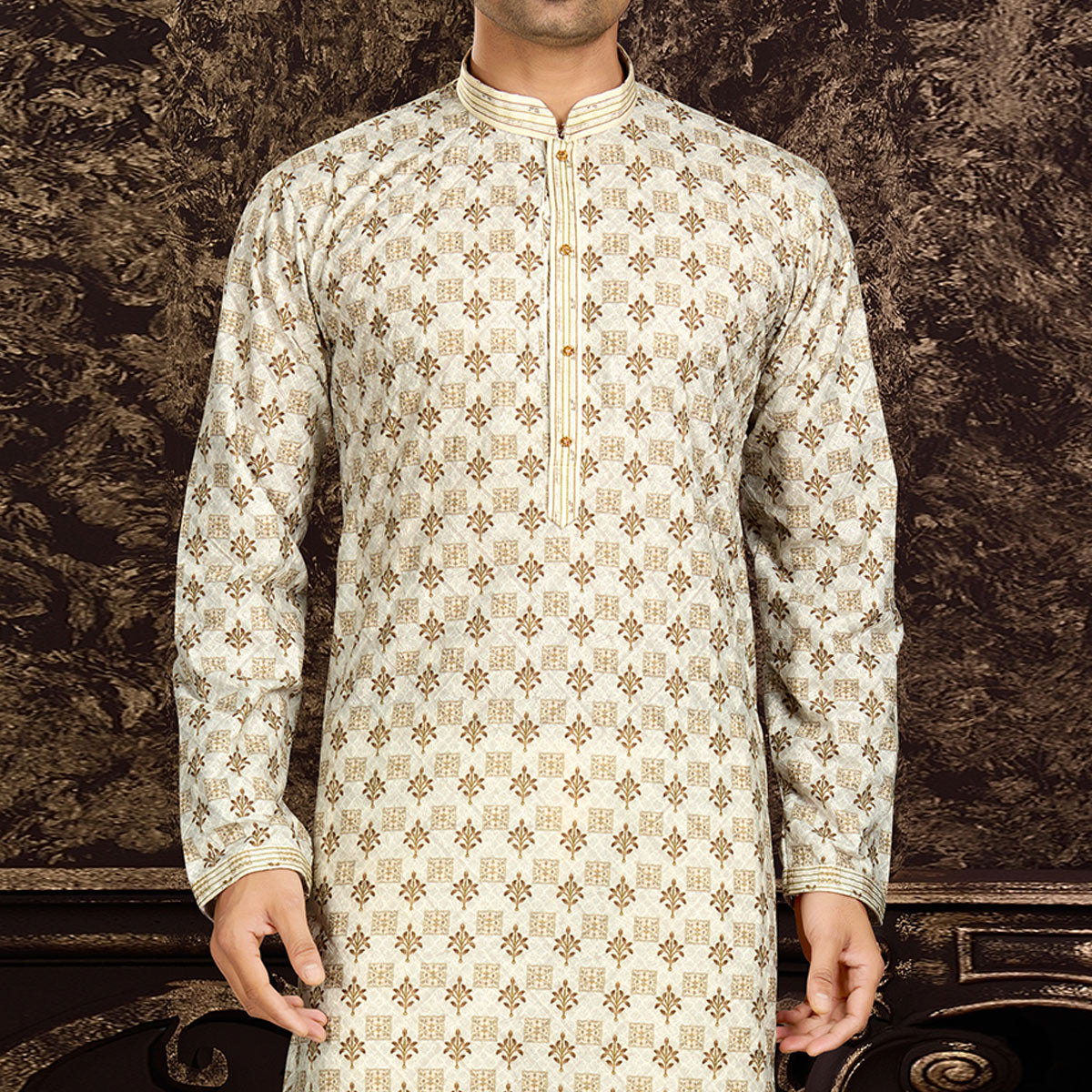 Peachmode Seller Cream Lucknowi And Digital Printed Cotton Kurta Pyjama Set - view 3
