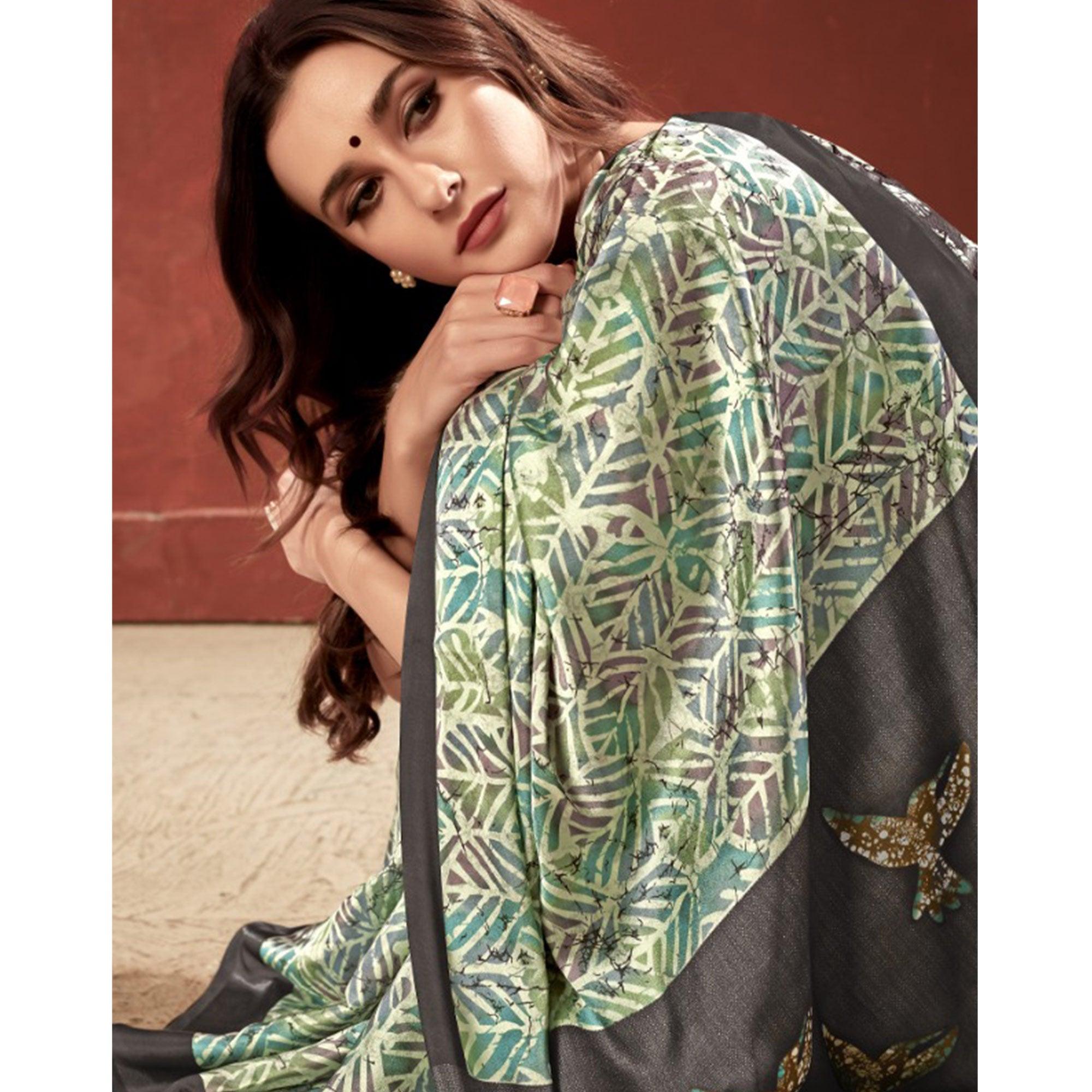 Peachmode Impressive Green Colored Casual Wear Printed Satin Crepe Saree With Tassels - view 2