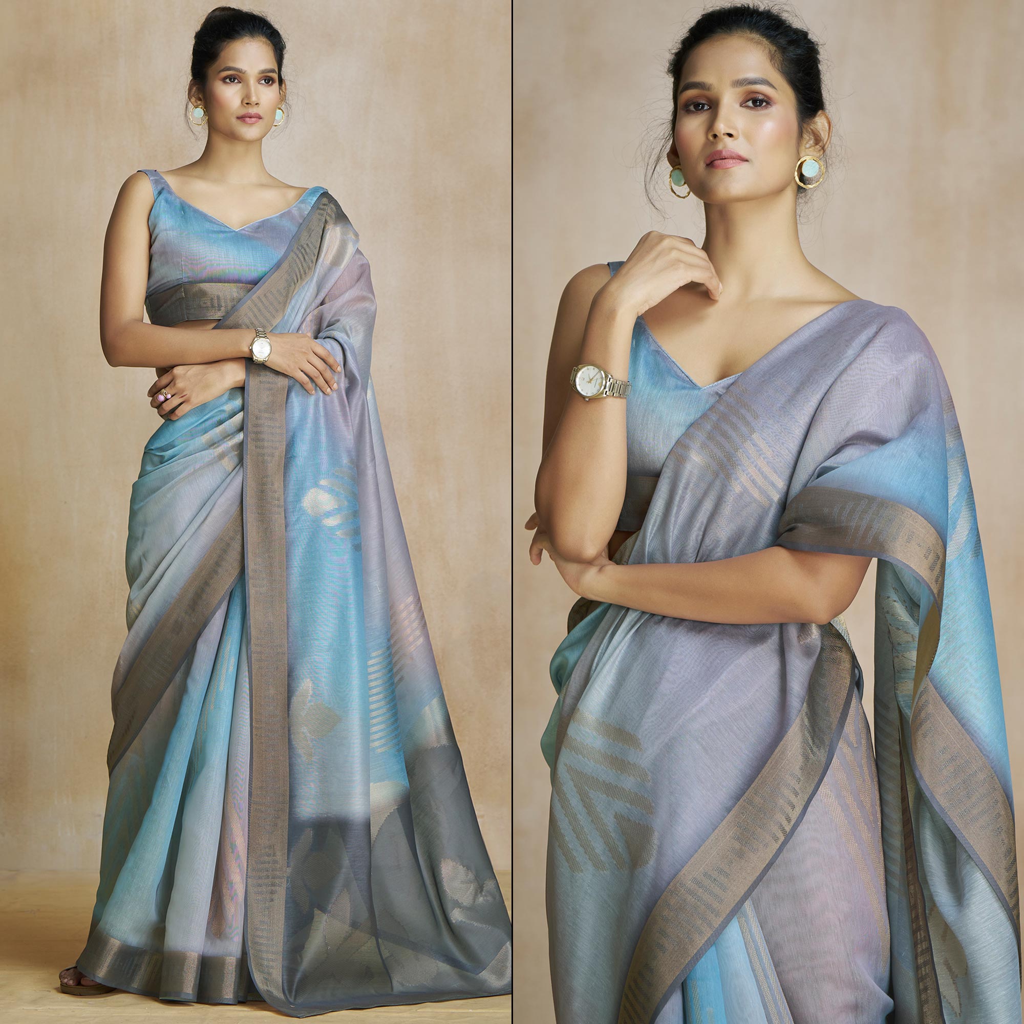 Grey sarees – BlackTree grey-digital-printed-with-woven-pure-silk-ombre-saree