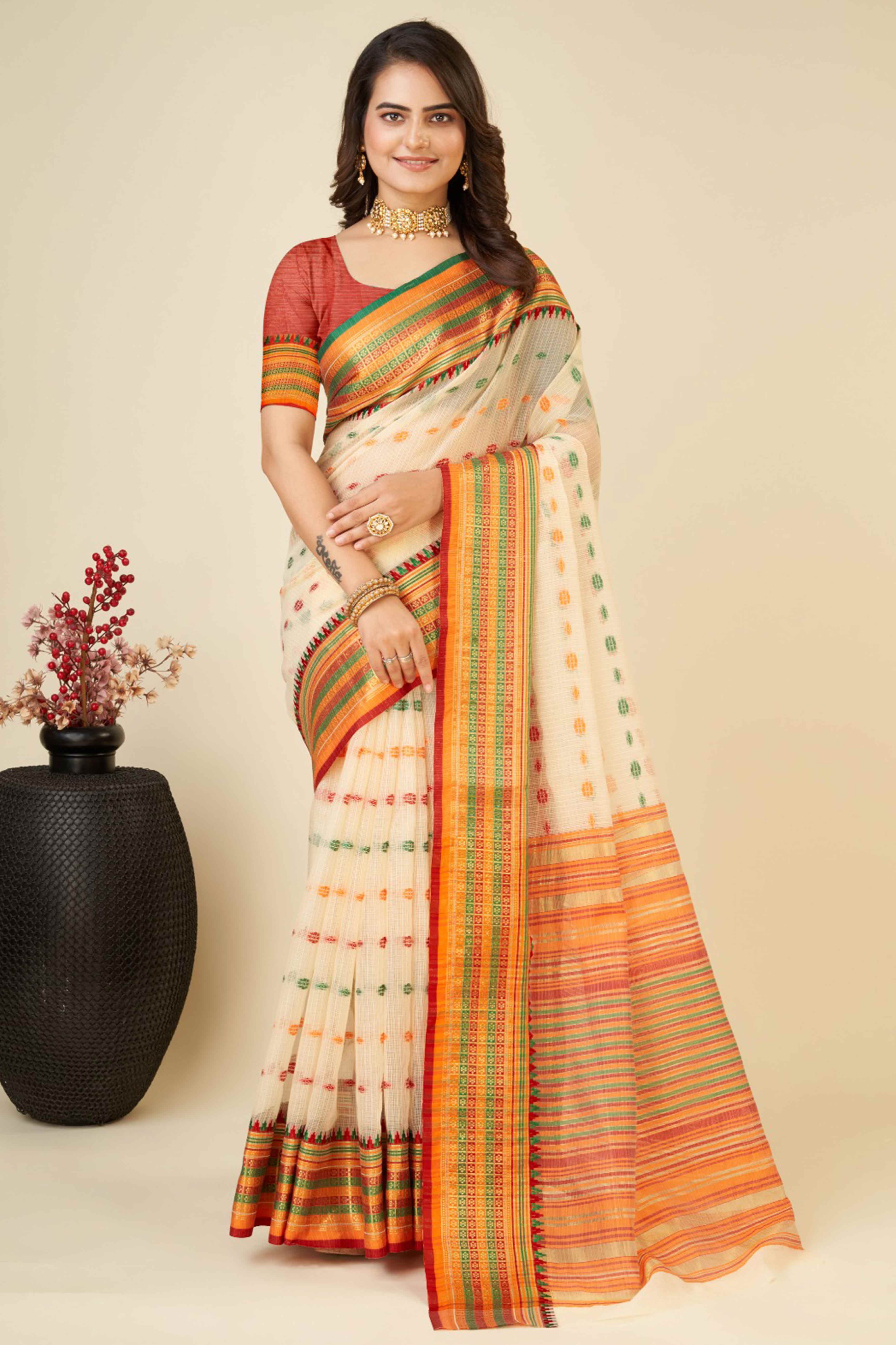 Peachmode Cream Zari Weaving Cotton Silk Saree - view 3