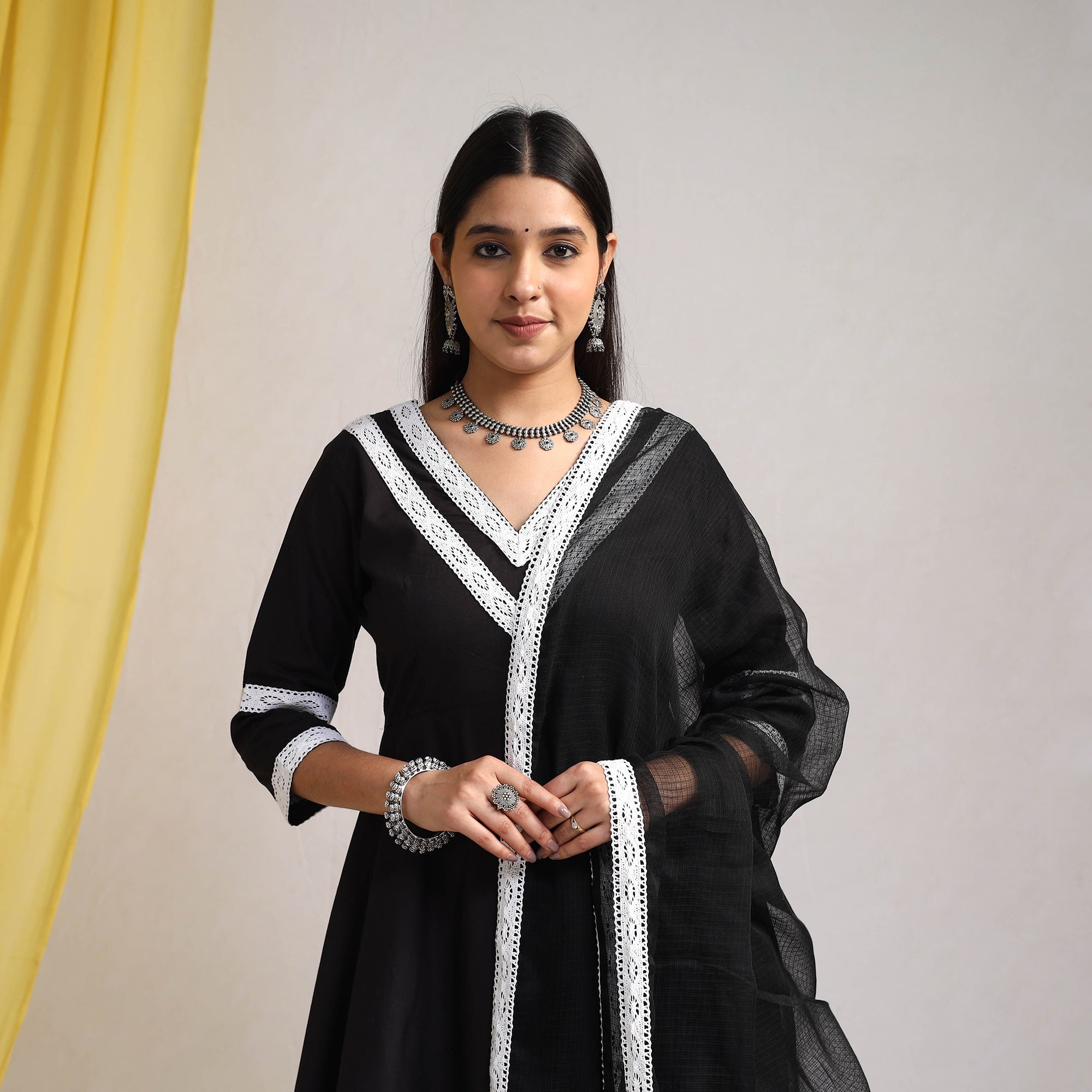 ITOKRI CASUALS Black - Lace Work Plain Cotton Anarkali Kurta with Dupatta Set 12 - view 2