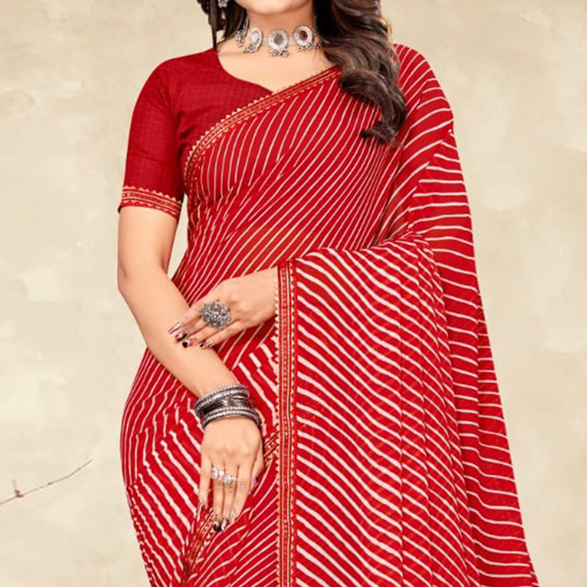 Peachmode Dark Red Striped Printed Chiffon Saree - view 2