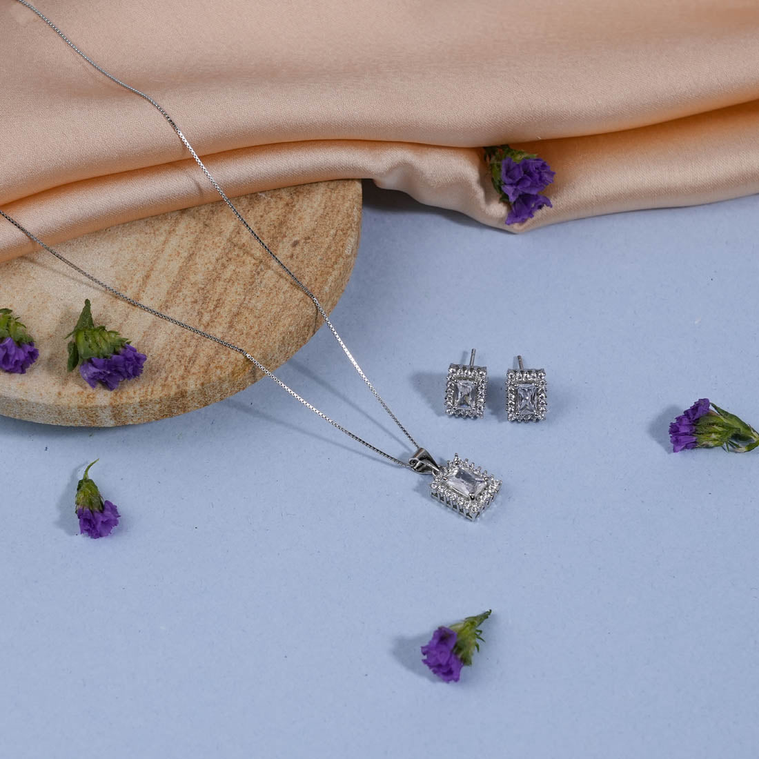 Prinjal Jewellers Silver Set Chain Rectangular Pendant with Earrings with Stones for Women - view 2