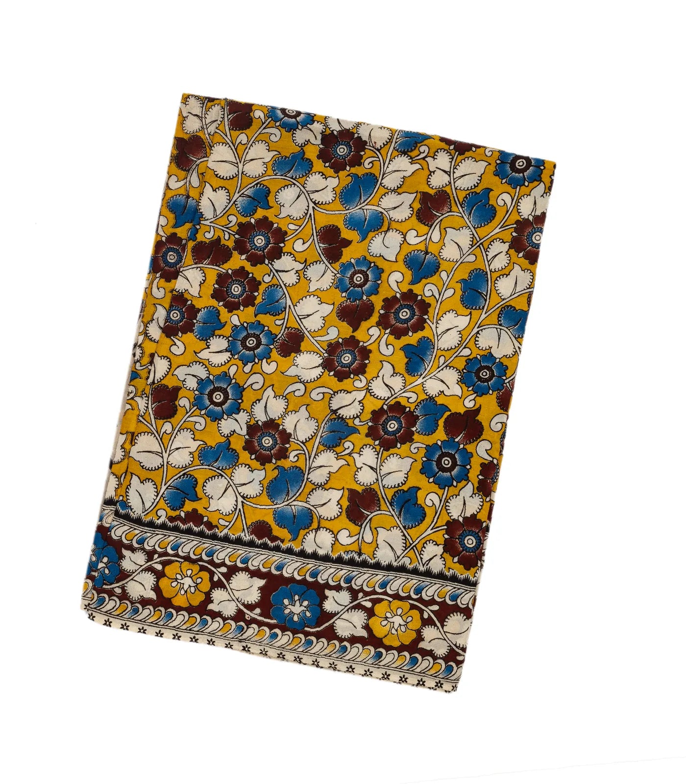 RmKV Mustard Handloom Kalamkari Cotton Saree With Printed Floral Motifs