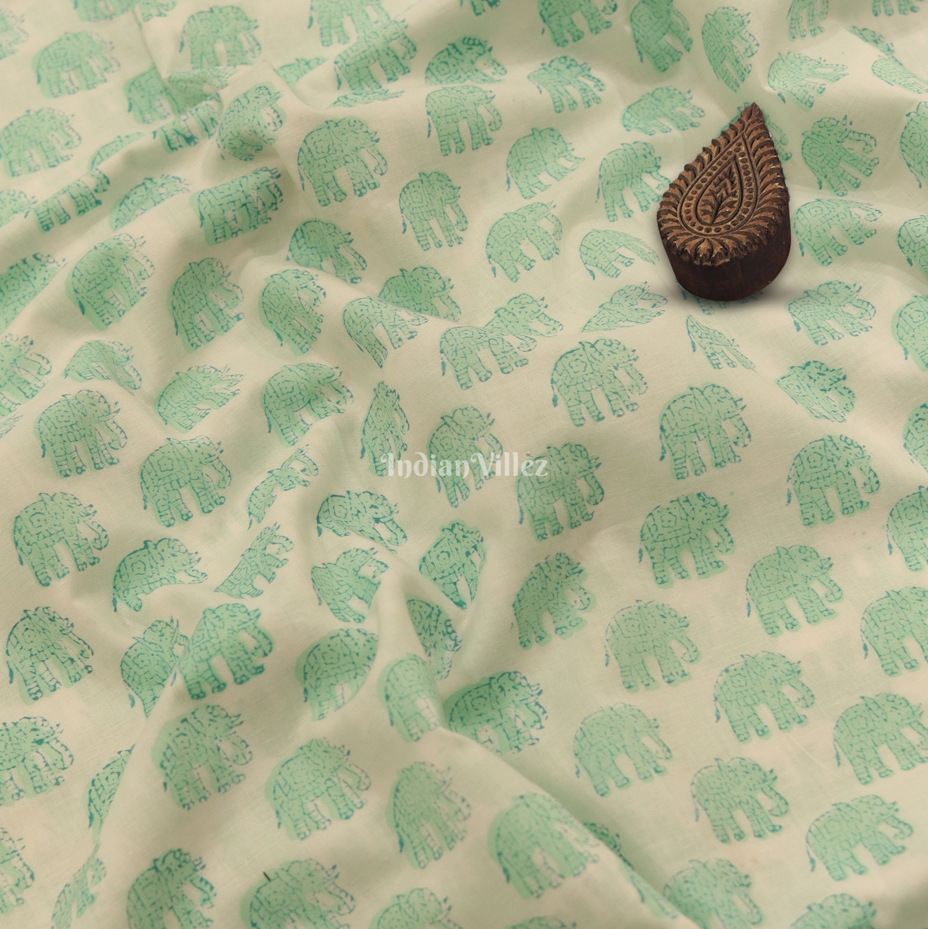 IndianVillèz White Green Elephant Hand Block Printed Cotton Fabric