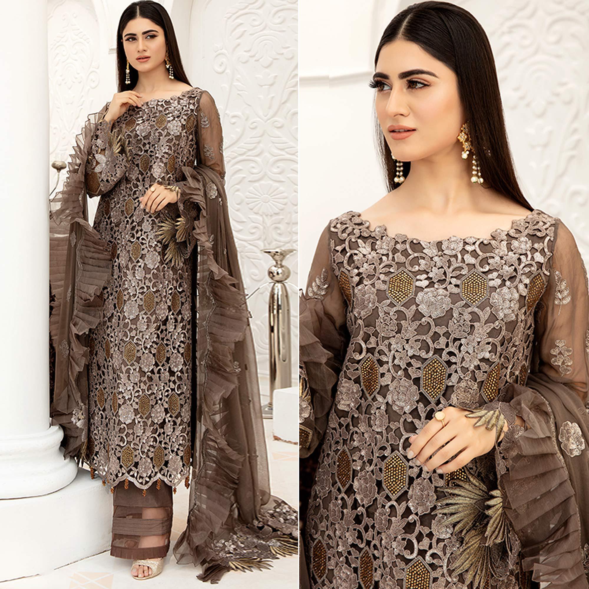 Peachmode Brown Embellished With Embroidered Net Pakistani Suit