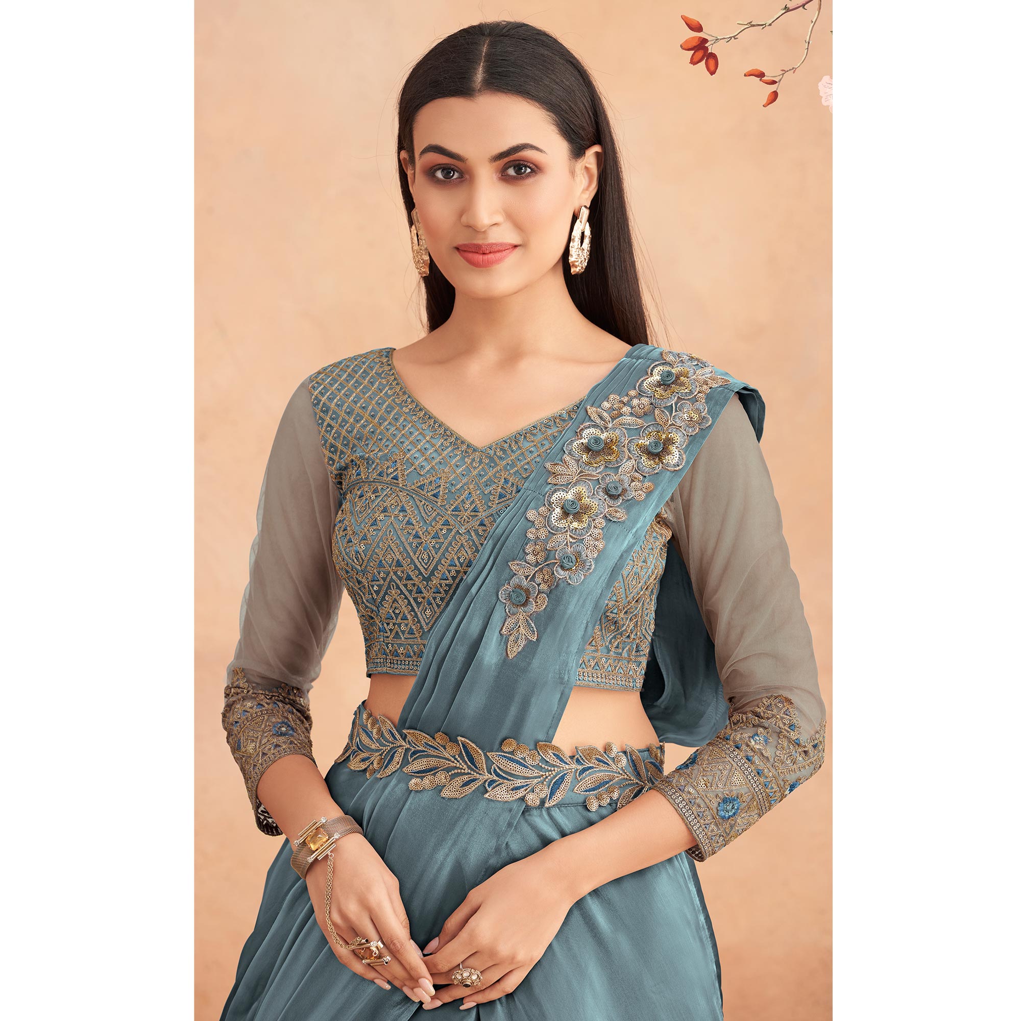 Peachmode Seller Grey Sequins Embroidered Ready to Wear Art Silk Saree - view 4
