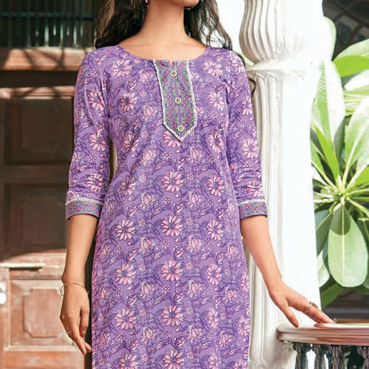 Peachmode Seller Lavender Floral Printed Cotton Blend Kurti - view 2