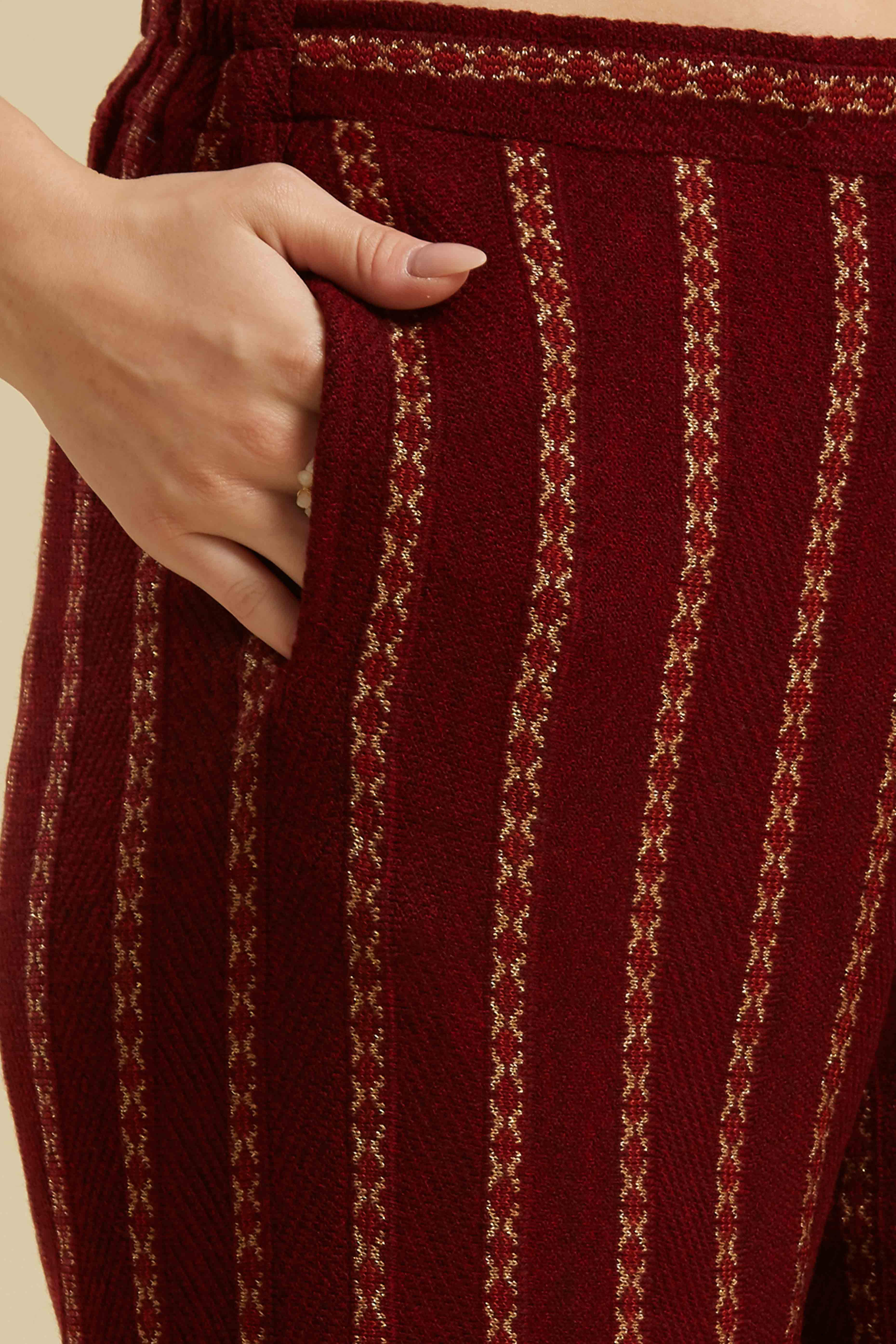 Peachmode Maroon Woven Woolen Straight Top Bottom Set - view 8