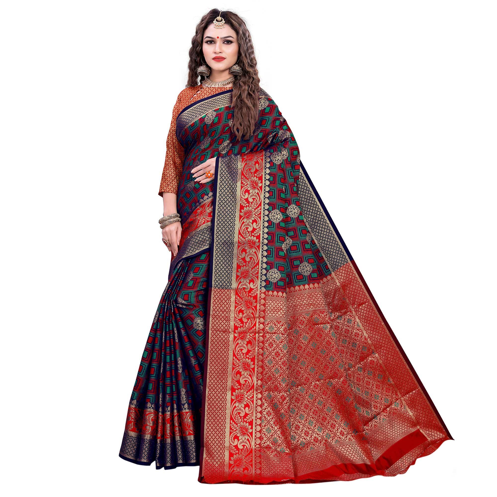 Navy sarees – BlackTree glowing-navy-blue-red-colored-festive-wear-woven-cotton-silk-jacquard-saree-45022