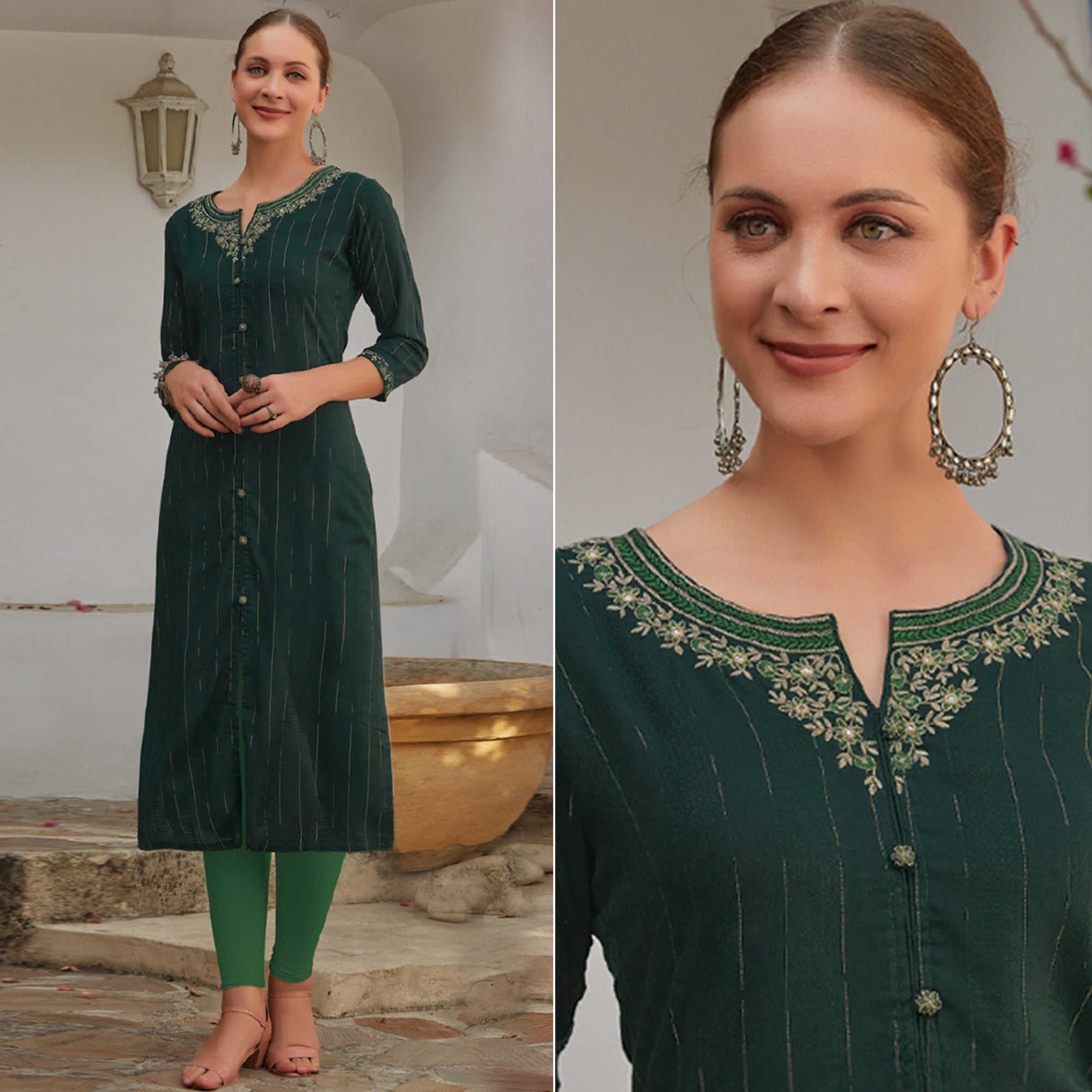 Peachmode Dark Green Floral Embroidered Cotton Blend Kurti