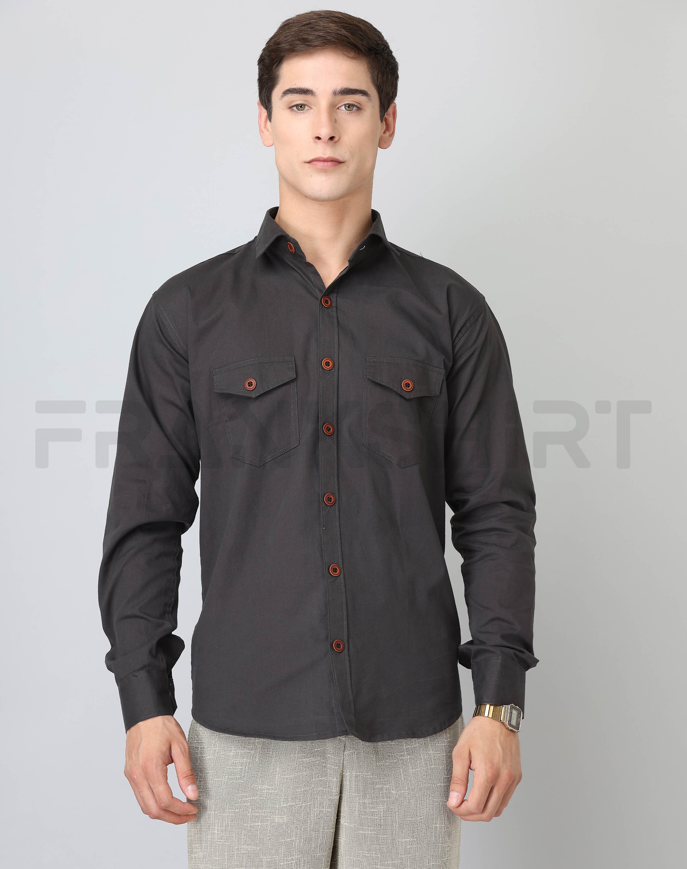 BlackTree Frankshirt Double Pocket Dark Grey Solid Tailored Fit Cotton Casual Shirt for Man - view 4