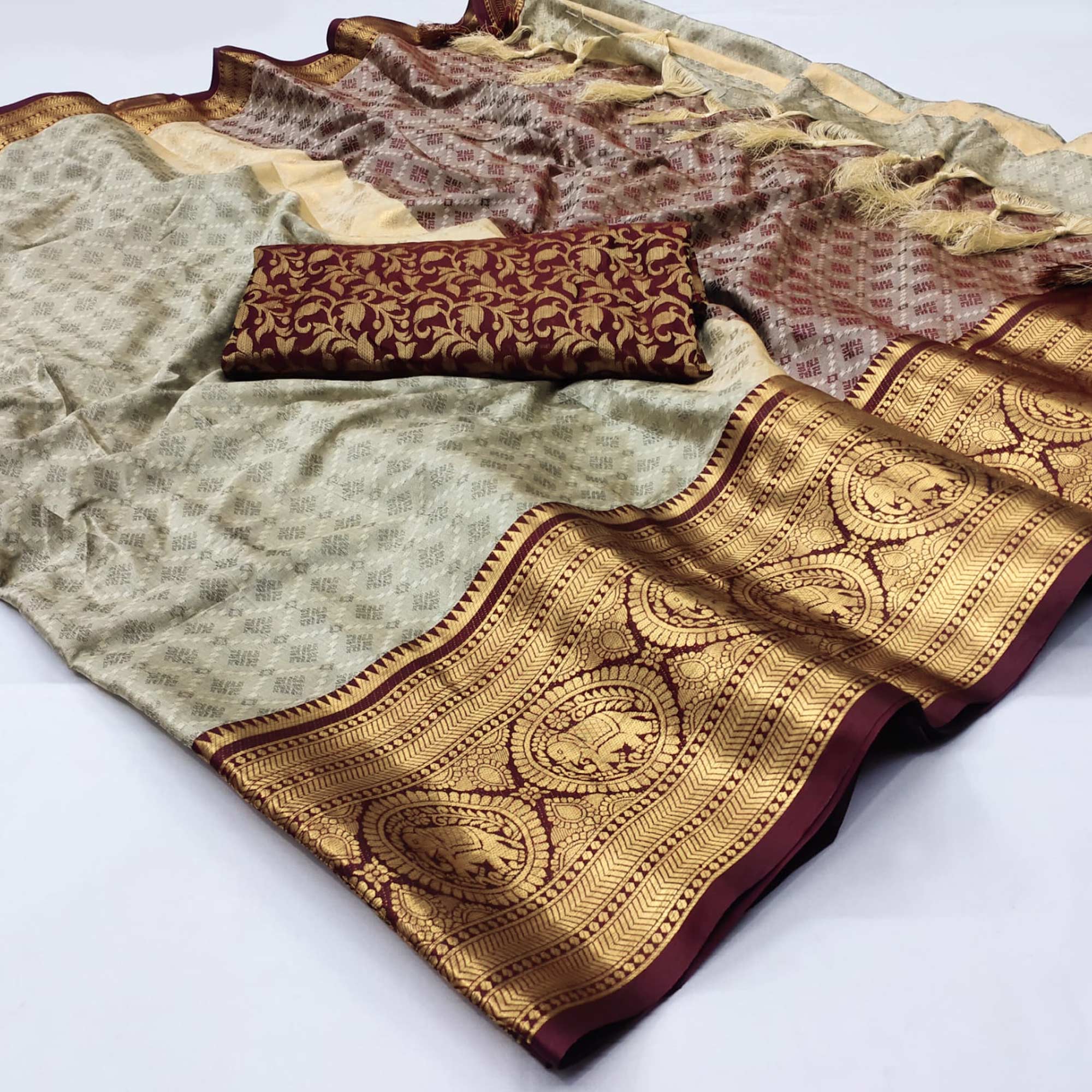 Peachmode Chikoo Woven Cotton Silk Saree With Tassels