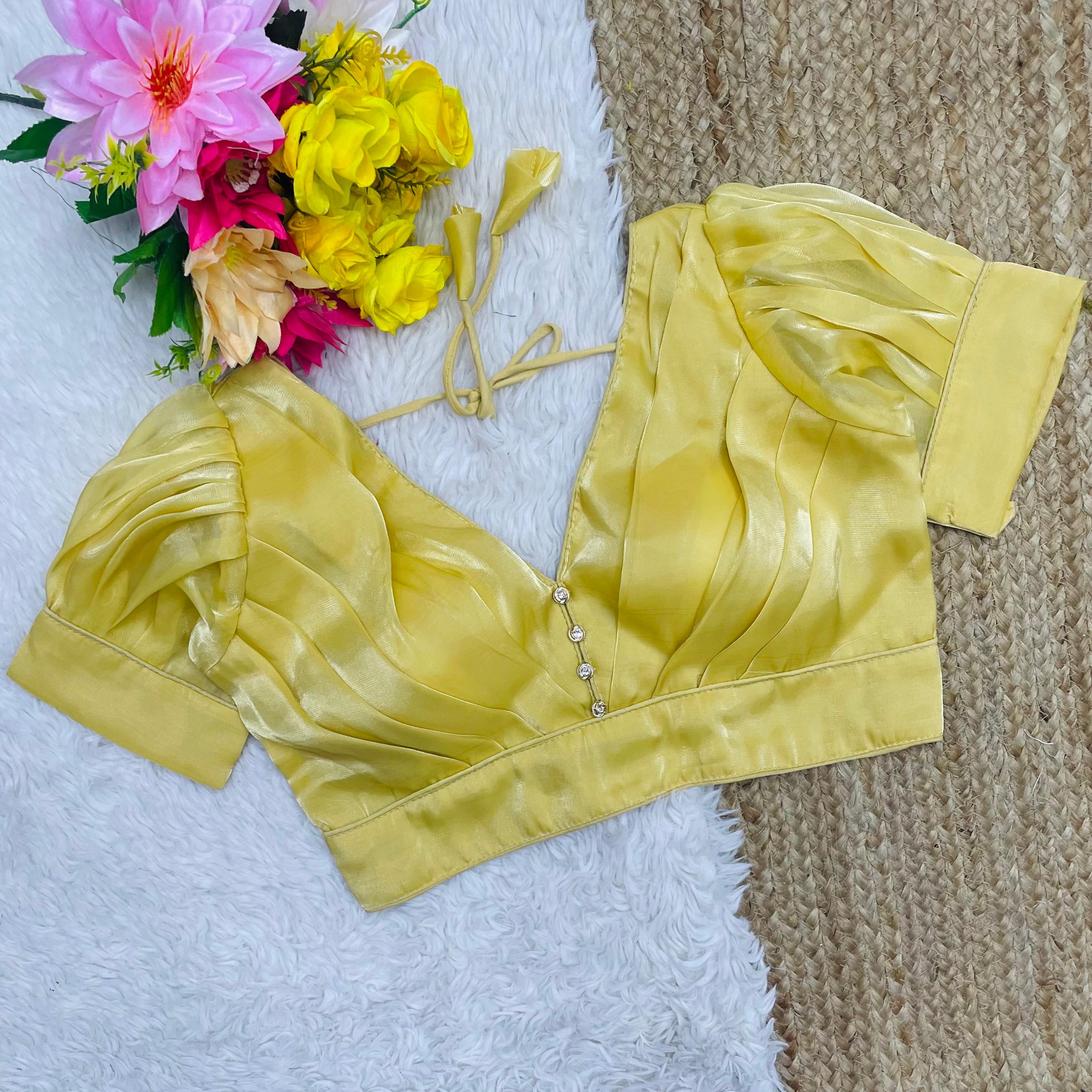 ClothsVilla Yellow Glamorous Ruffled Metallic Jimmy Choo Blouse