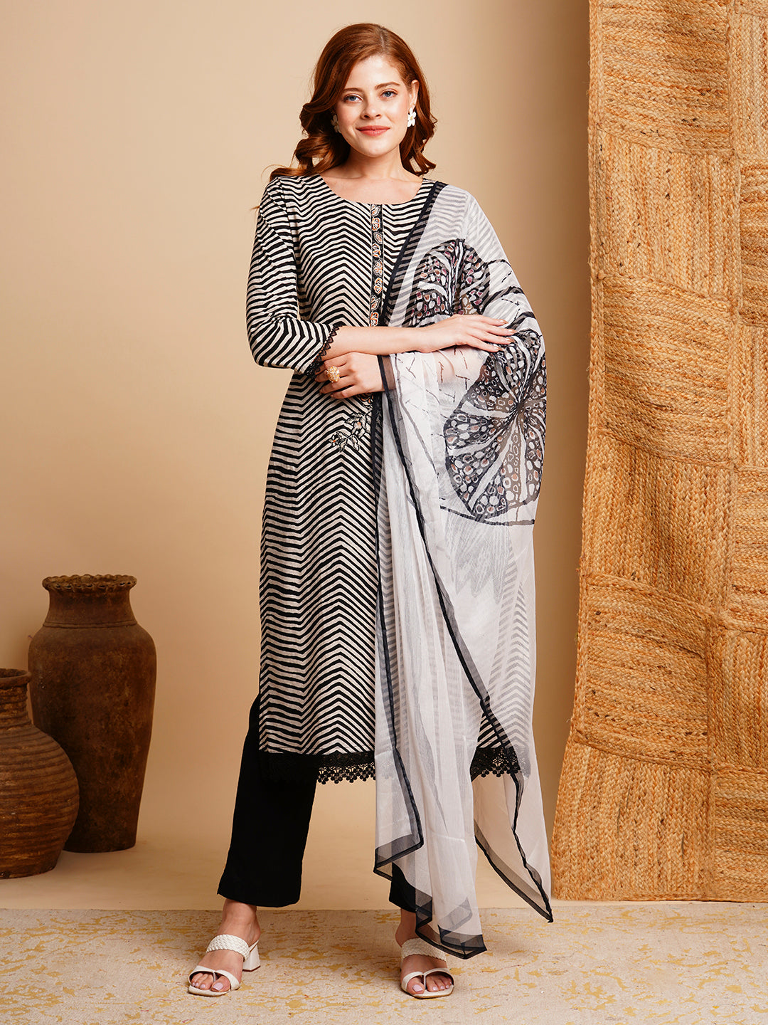 FASHOR Ethnic Chevron Printed & Embroidered Straight Kurta with Pant & Dupatta - Black