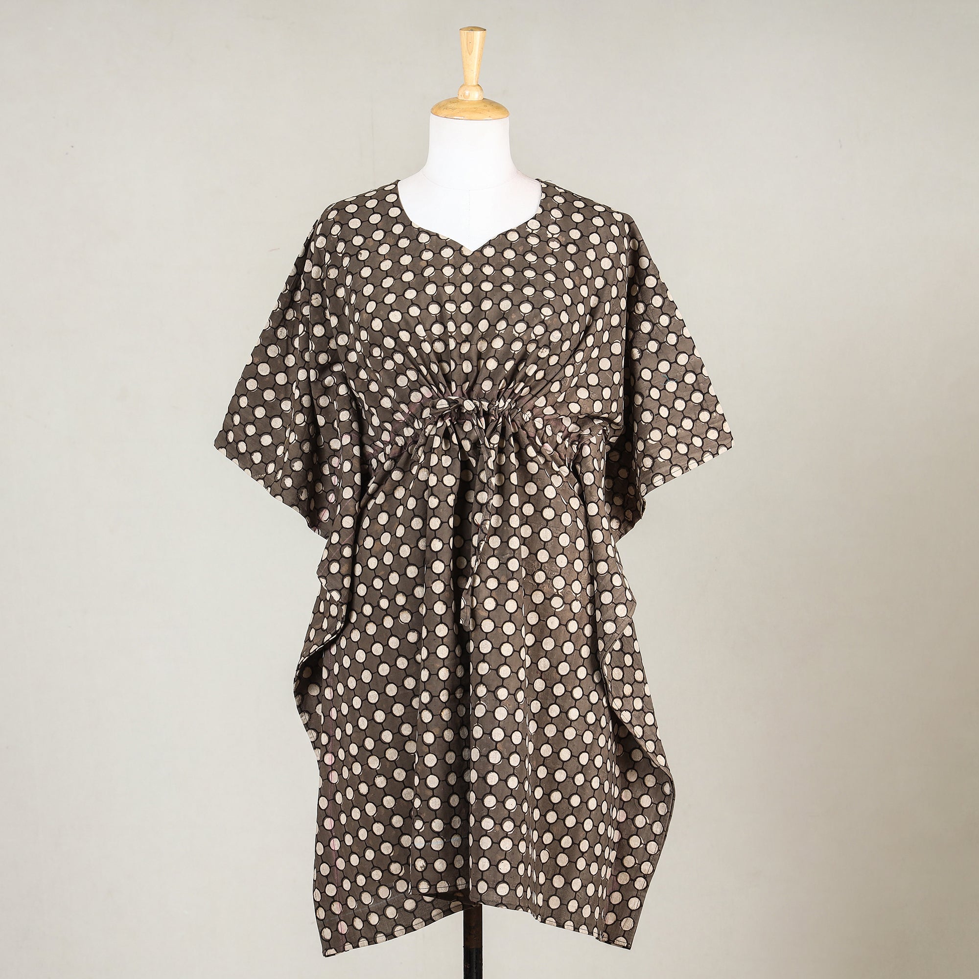 ITOKRI CASUALS Brown - Akola Block Printed Cotton Kaftan with Tie-Up Waist (Medium)