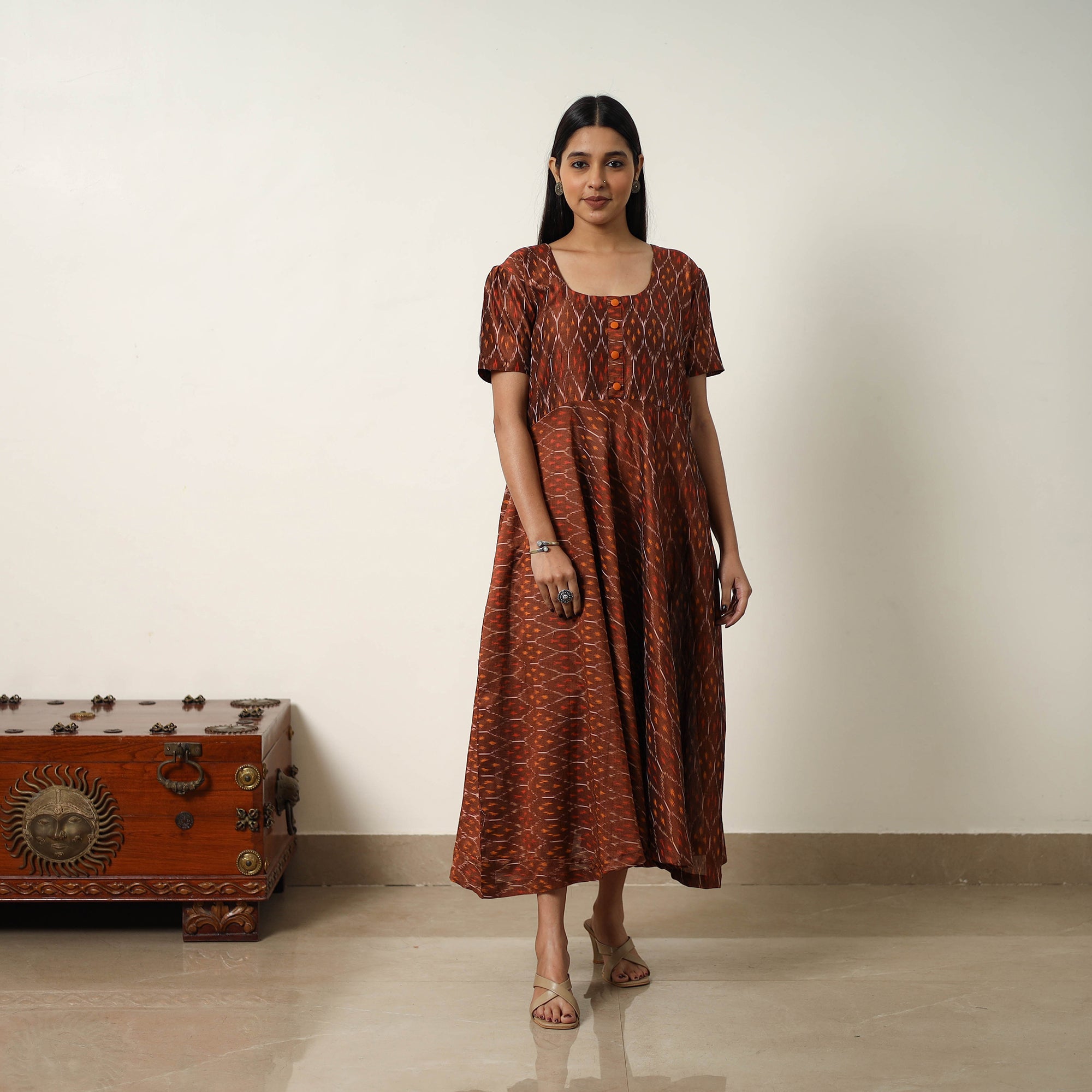 ITOKRI CASUALS Brown - Mercerized Cotton Flared Pochampally Ikat Dress 14 - view 2
