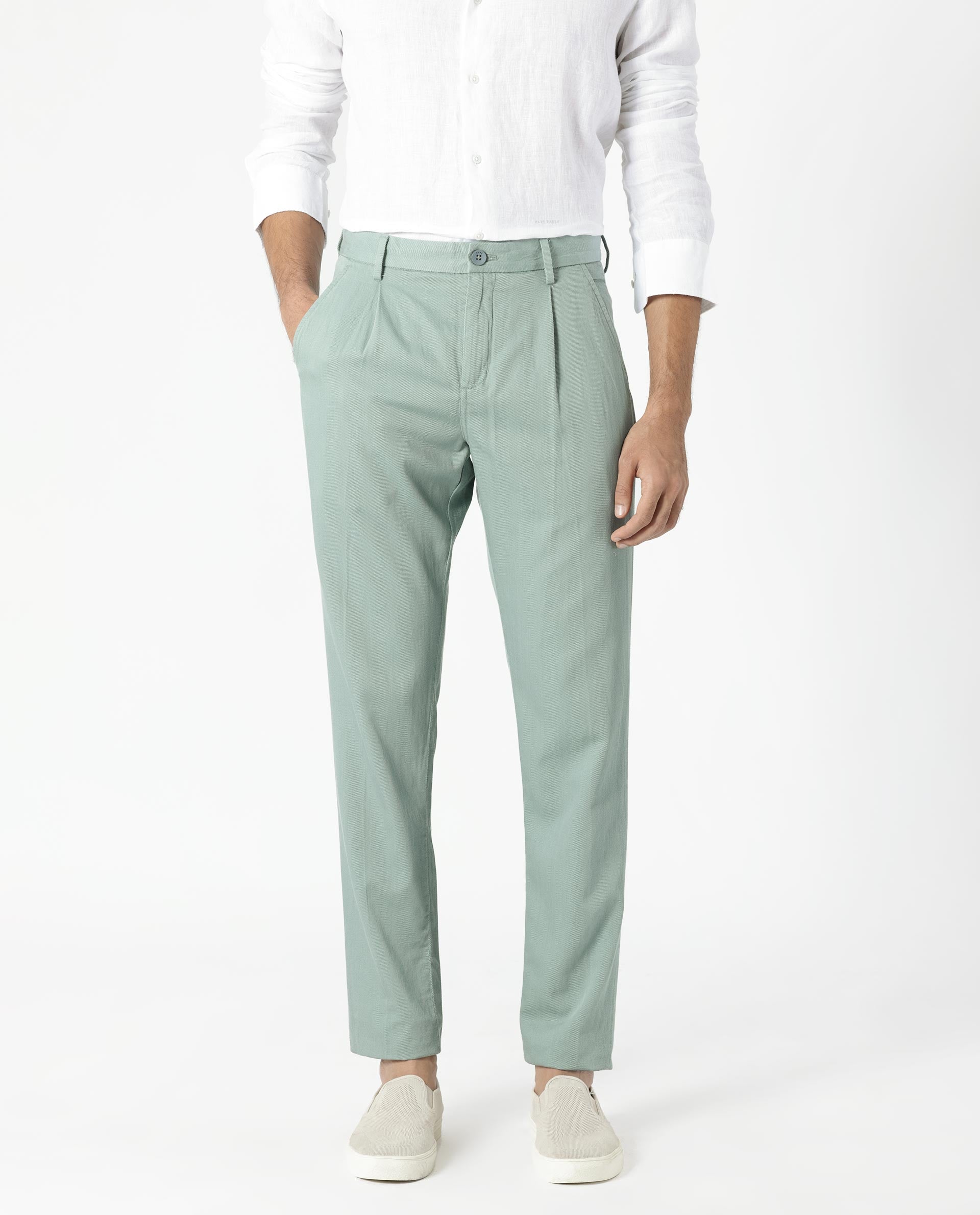Rare Rabbit Men's Lyte Green Trouser Solid Mid-Rise Regular Fit Lightweight Trouser