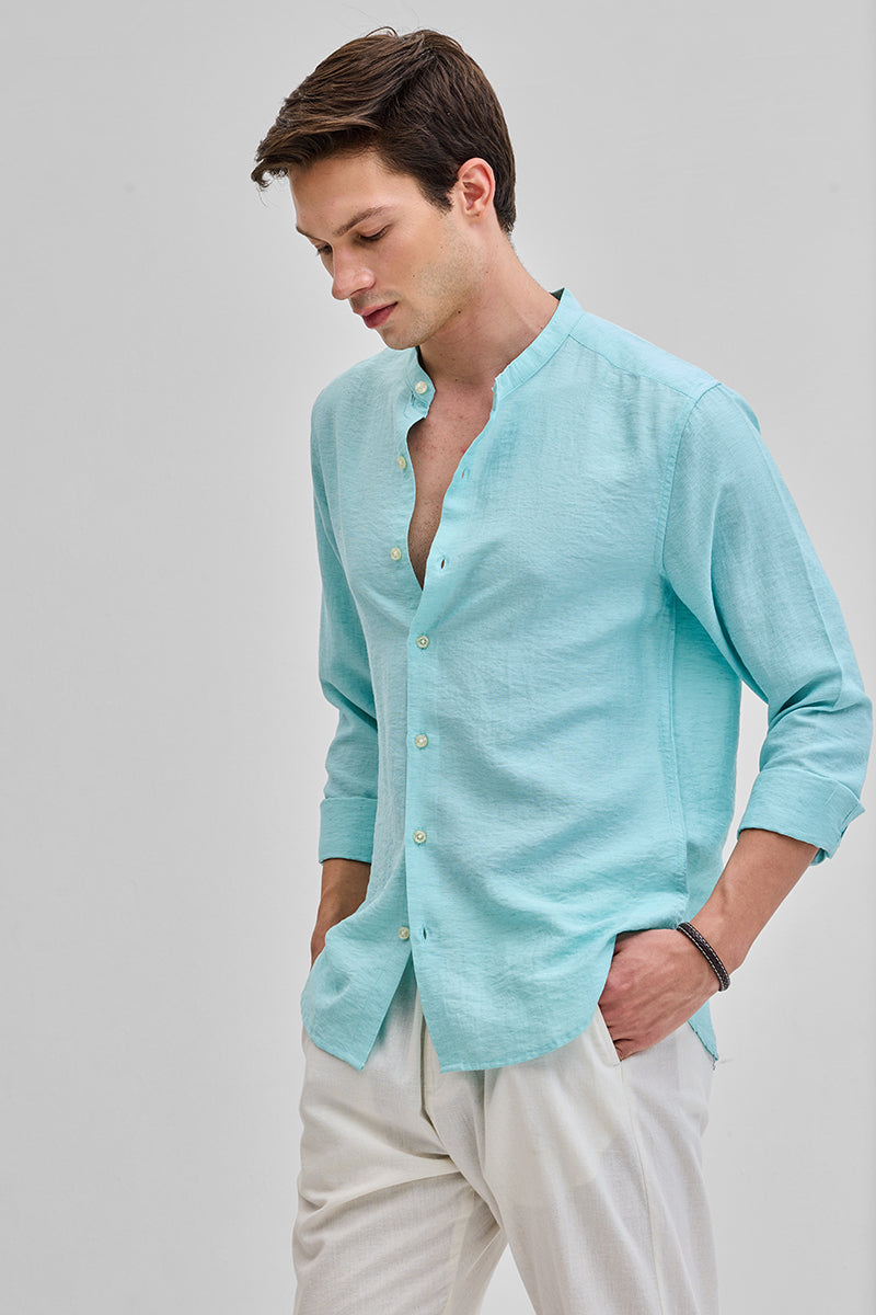 SNITCH Light Blue Mandarin Linen Blend Shirt - view 5