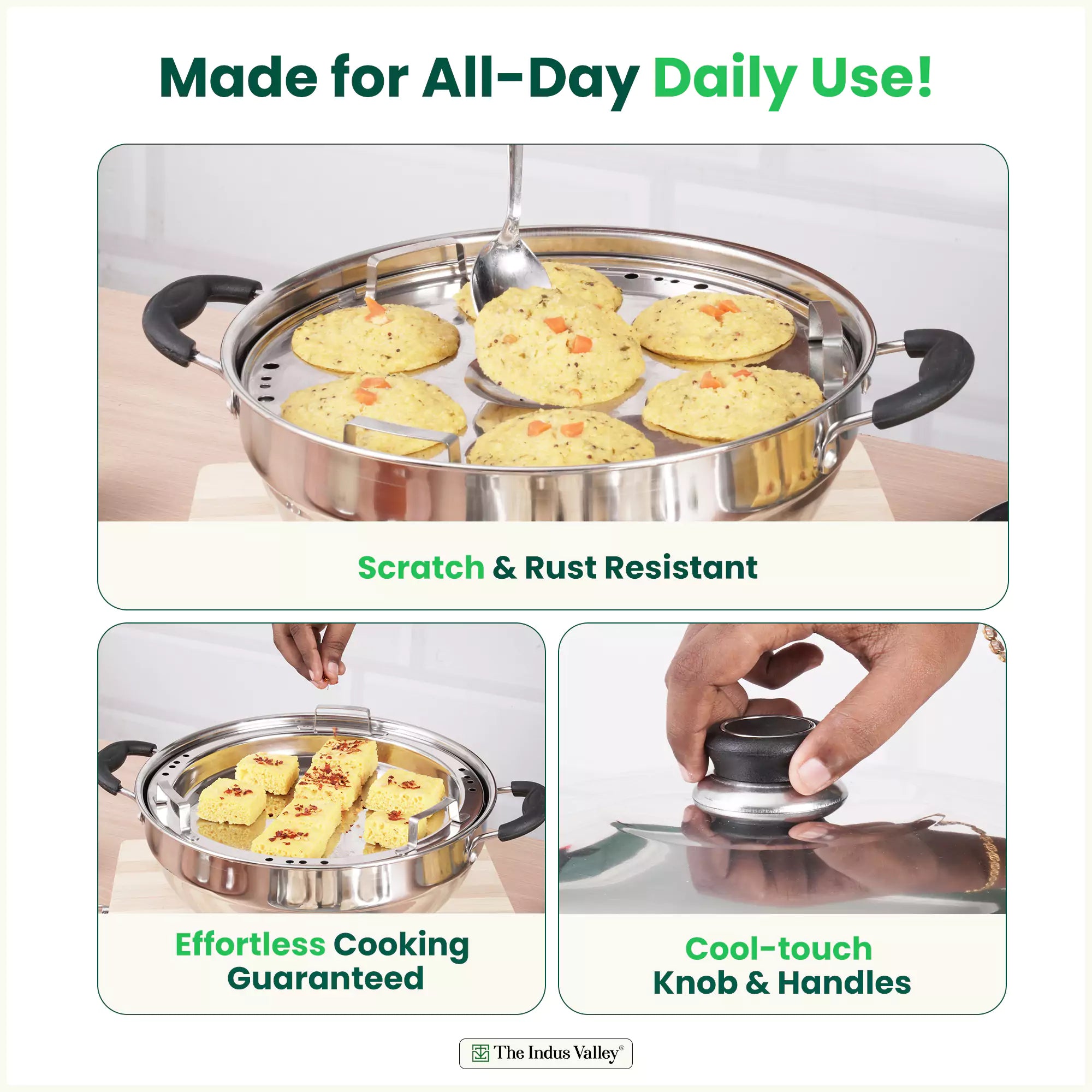 The Indus Valley Tri-Steel Premium Stainless Steel Idli/ Dhokla/ Momo Maker/ Multi Pot/ Veg Steaming Set, Tri-ply Induction Bottom, 7 pit, 5 Plates, 4 - view 8