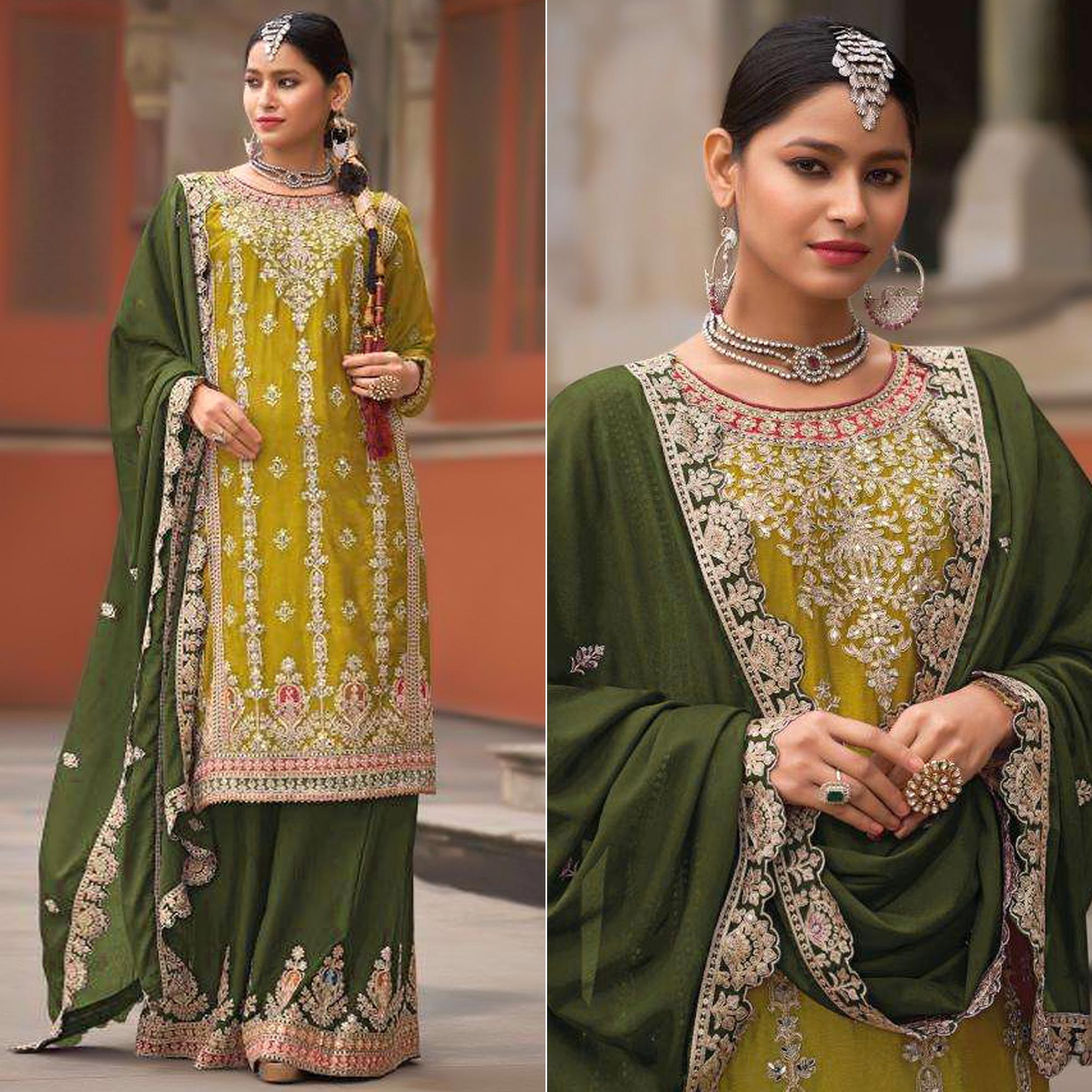 Peachmode Seller Dark Mustard Floral Sequins Embroidered Chinon Silk Palazzo Suit