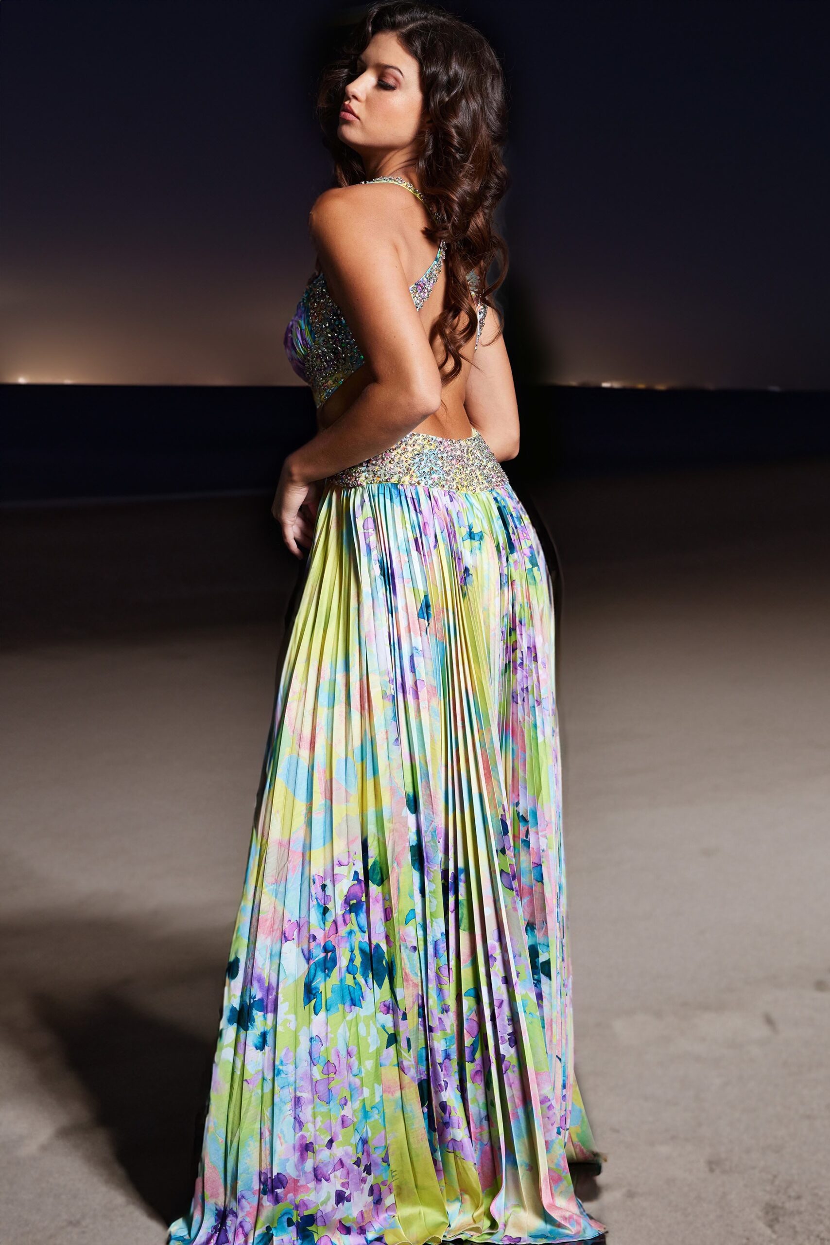 Floral Print Sleeveless A-line Slit Gown by Jovani 38733 - view 4